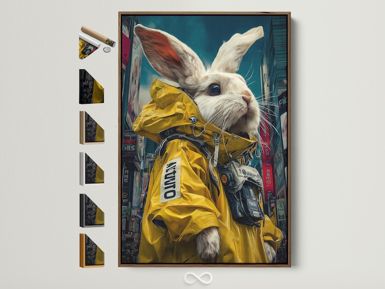 White rabbit wearing a yellow raincoat in a neon cyberpunk city scene