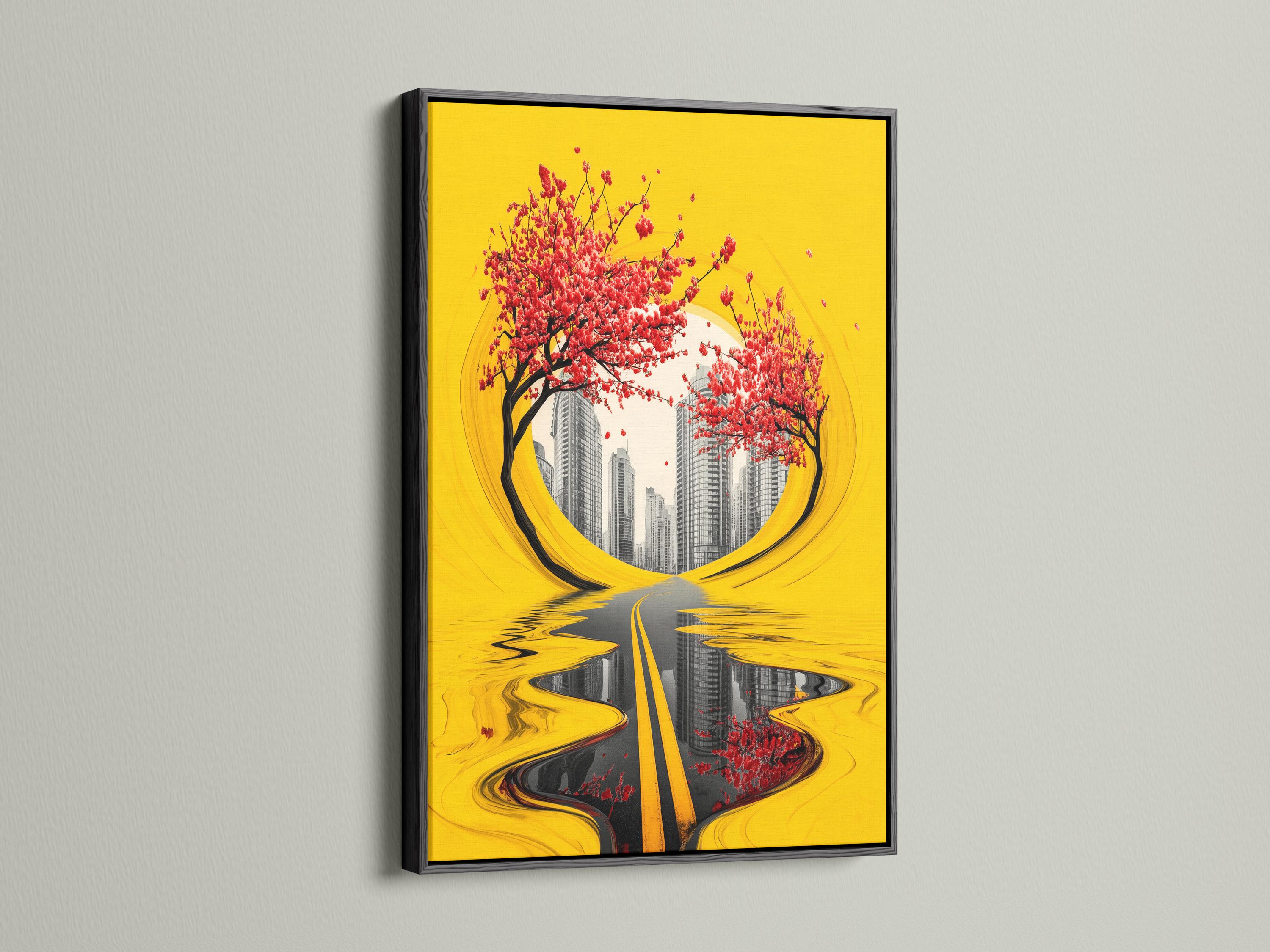 Yellow abstract cityscape with red blossom branches and a reflective road in the centre detail view