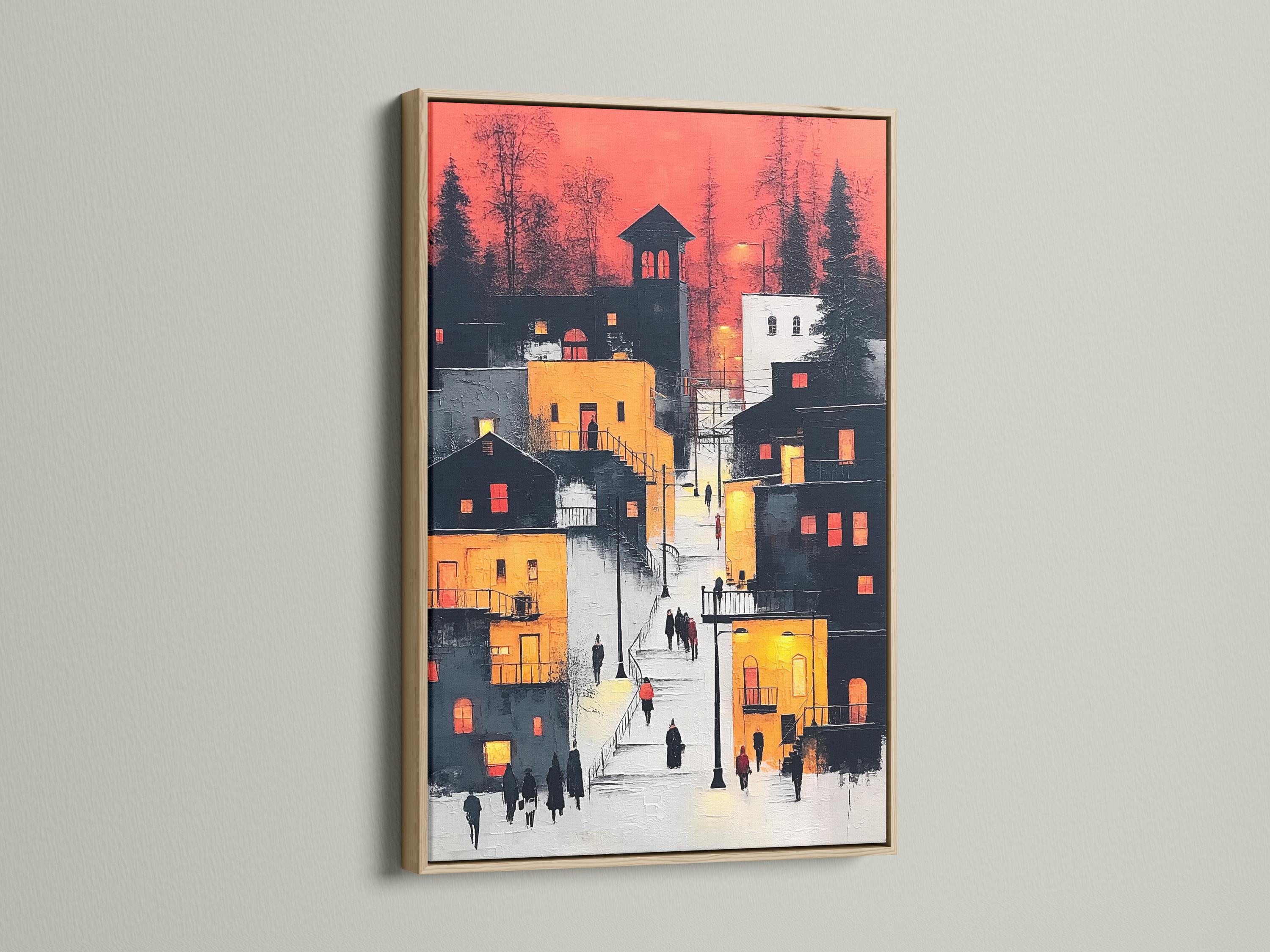Painterly urban street scene with red sky, grey buildings, warm amber highlights and small walking figures detail view