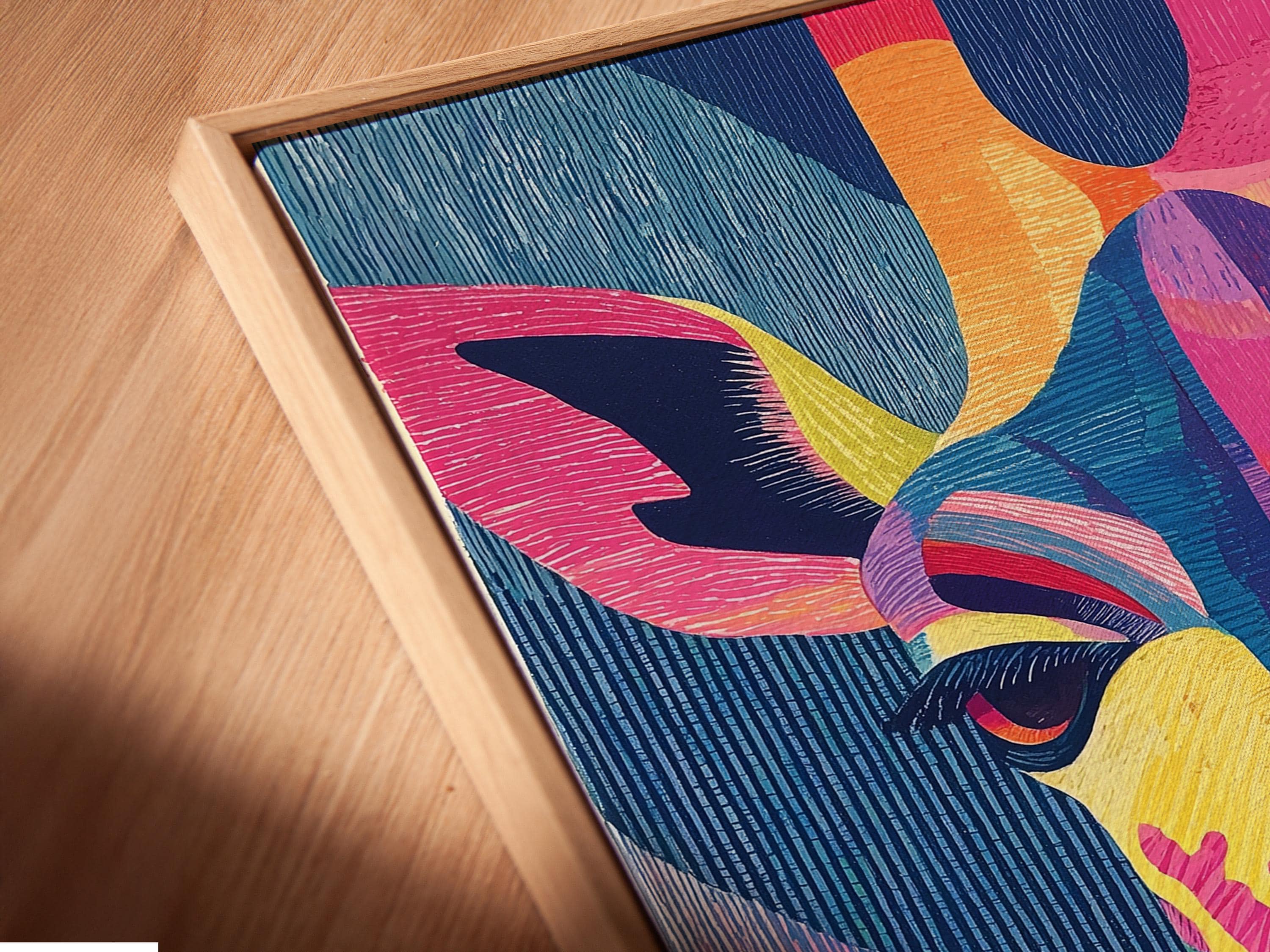 Stylised rainbow giraffe portrait with textured blue, pink and purple geometric background detail view