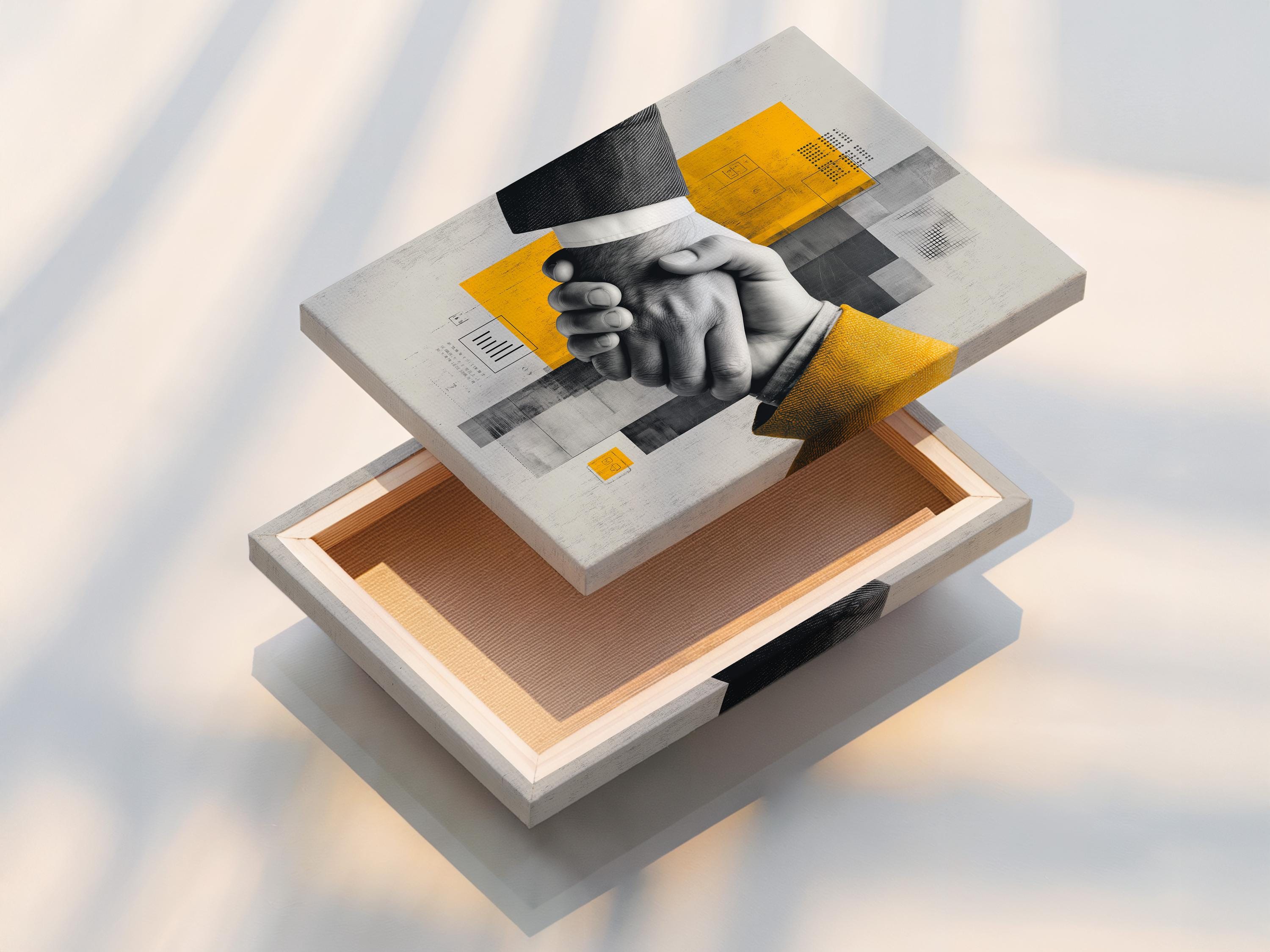 Black-and-white handshake centred in a geometric grey and yellow abstract design detail view