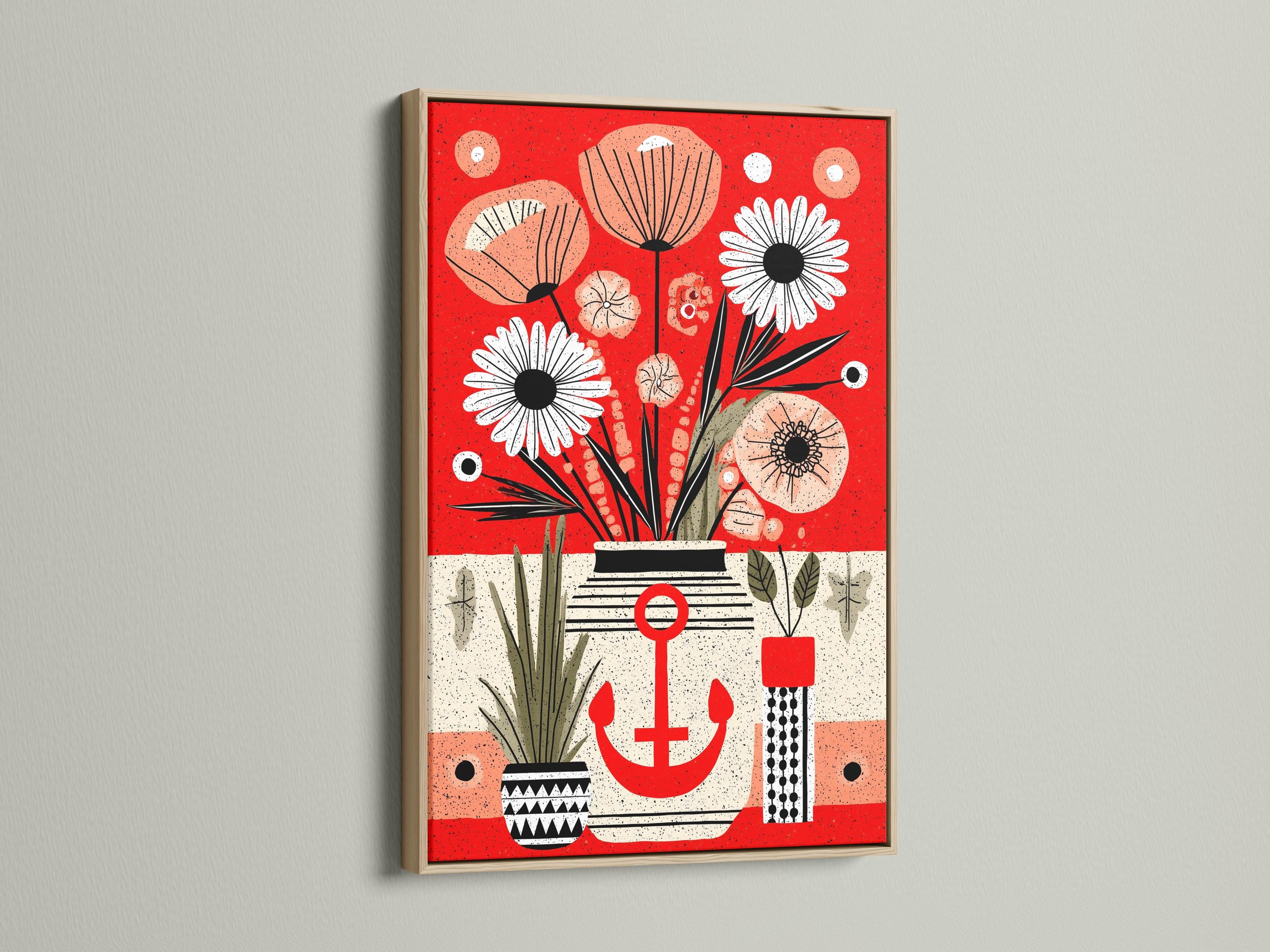 Woman looking at red anchor floral artwork in a modern room