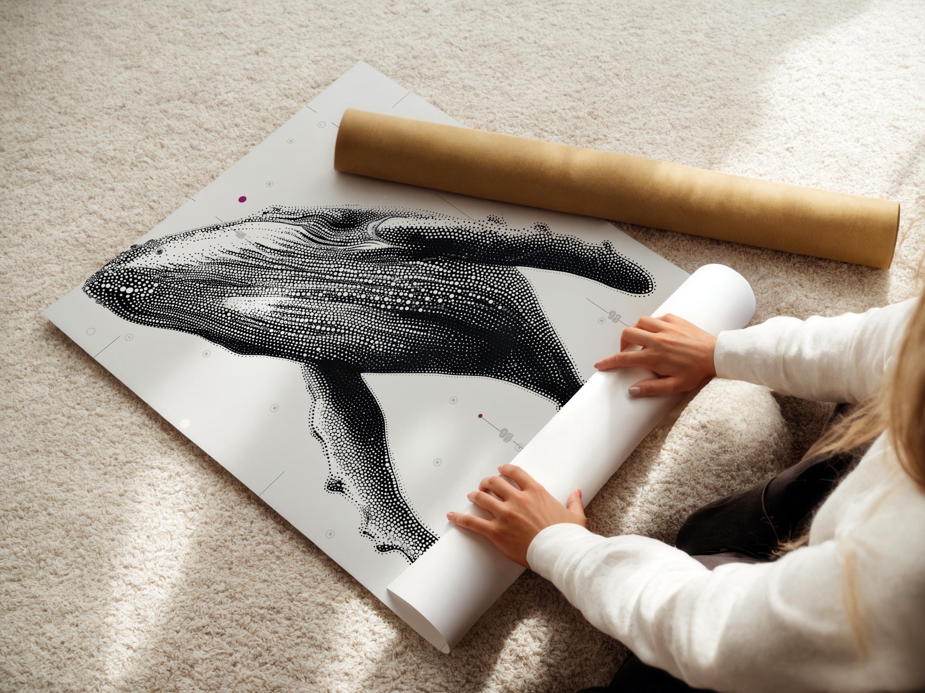 Humpback whale wall art mockup with dotted whale illustration in black and white