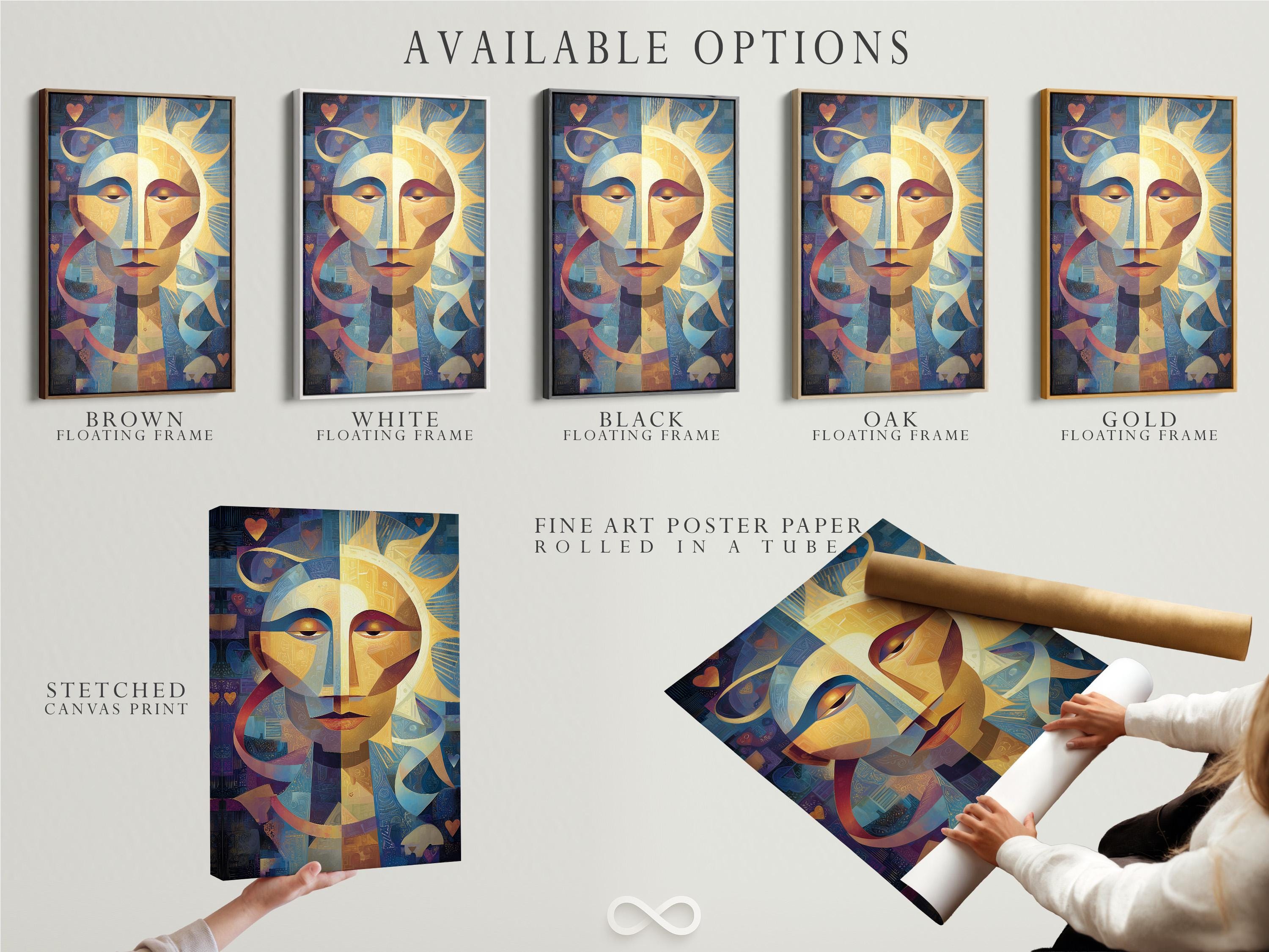 Geometric abstract face with a golden sunburst centre, blue and gold shapes, and small heart motifs detail view