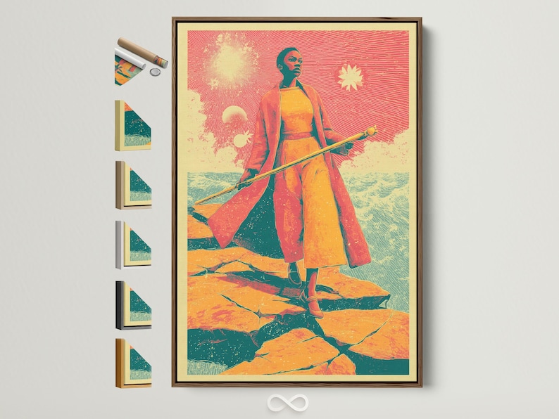 Retro sci-fi woman in profile with sunburst glow over an abstract desert landscape