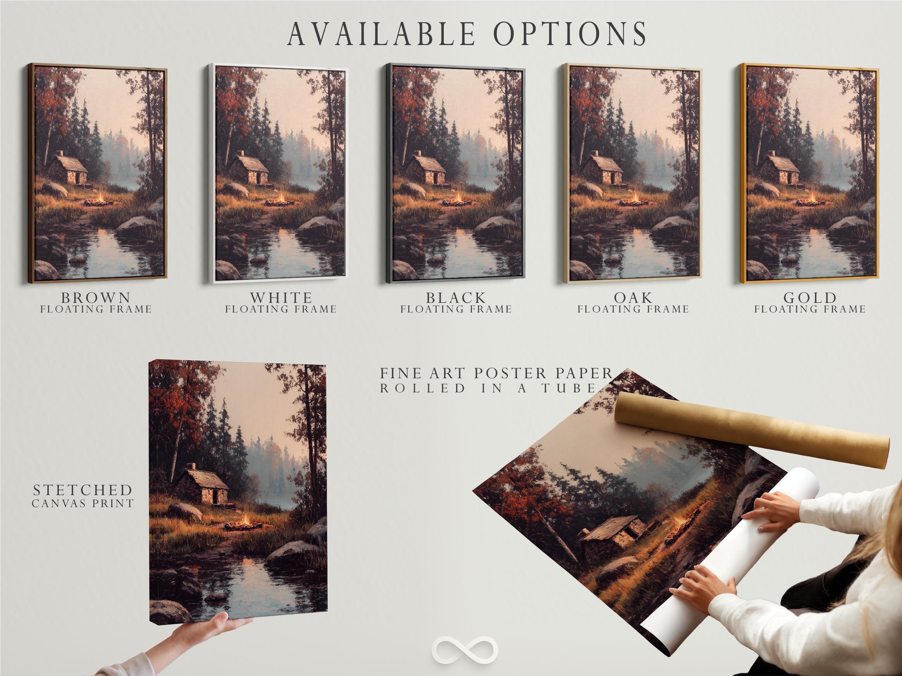 Wood-framed artwork of a rustic cabin scene in a product mockup view