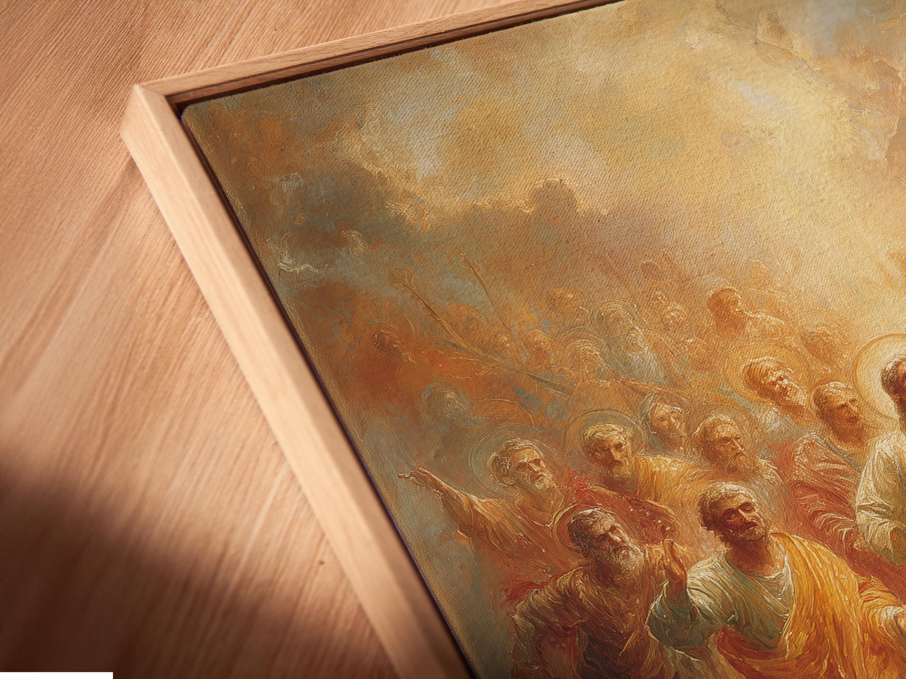 Portrait religious painting showing a radiant golden light above a crowd of robed apostles detail view