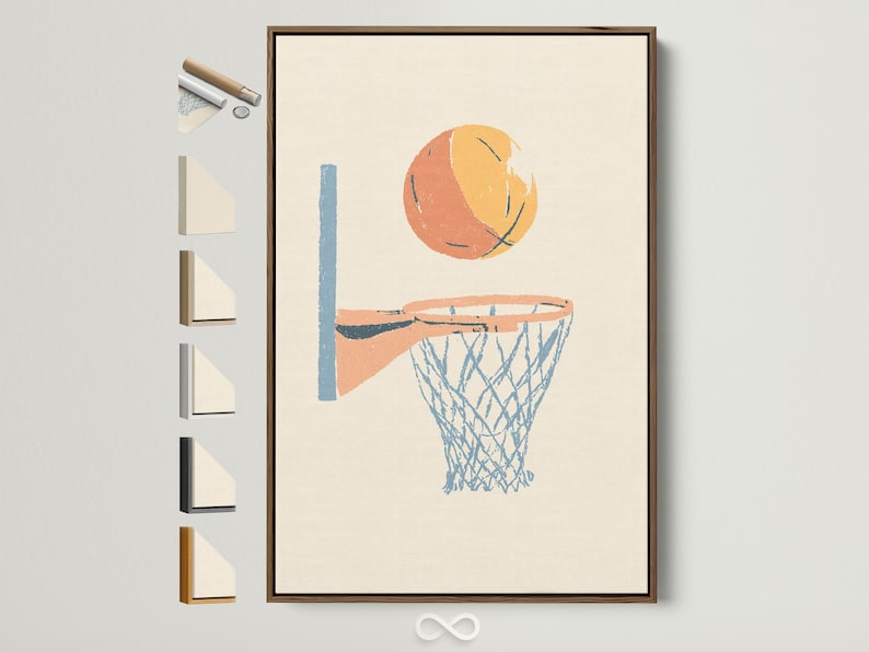 Peach and blue basketball hoop artwork with a stylised net and basketball on a cream background
