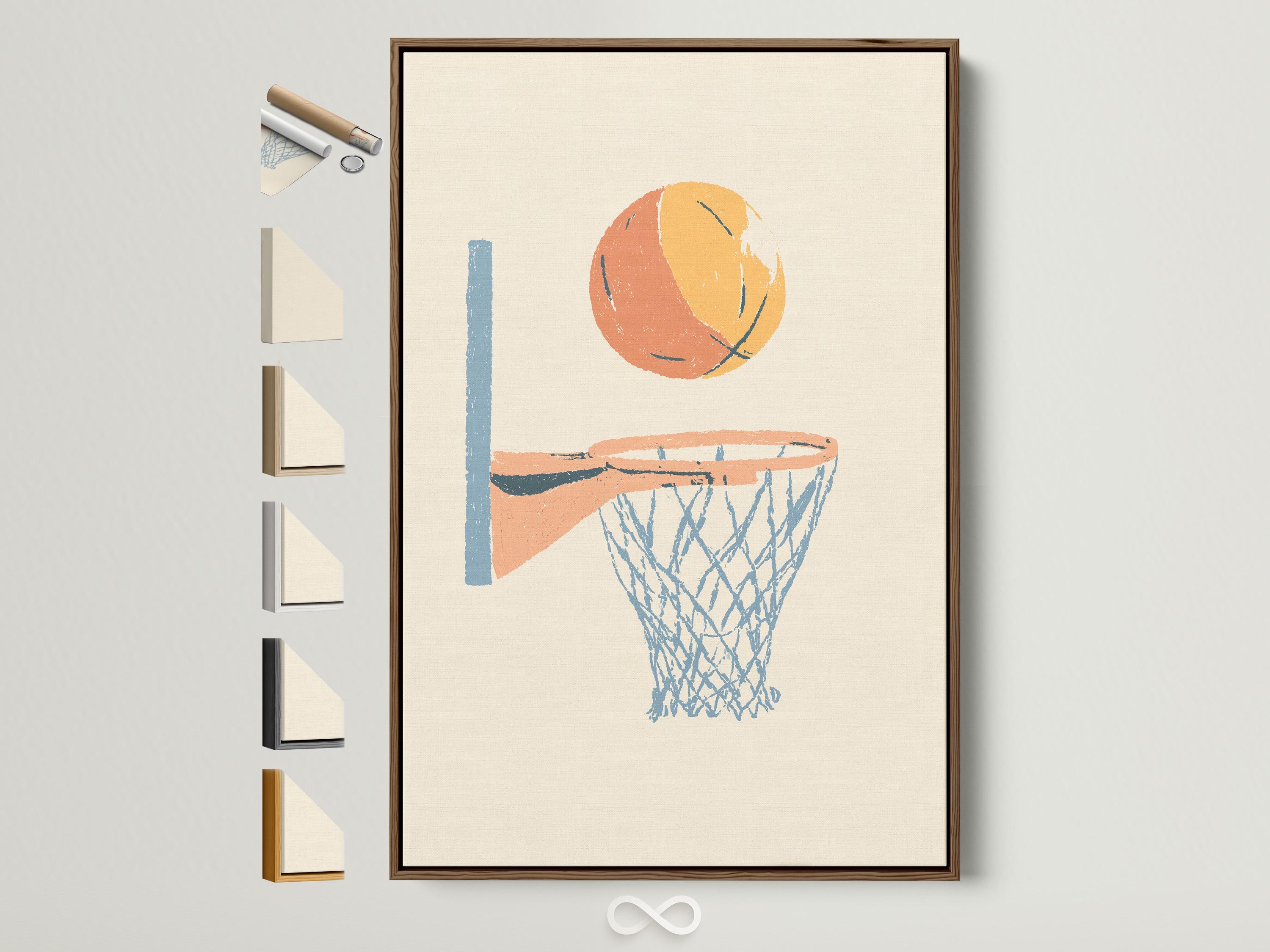 Peach and blue basketball hoop artwork with a stylised net and basketball on a cream background