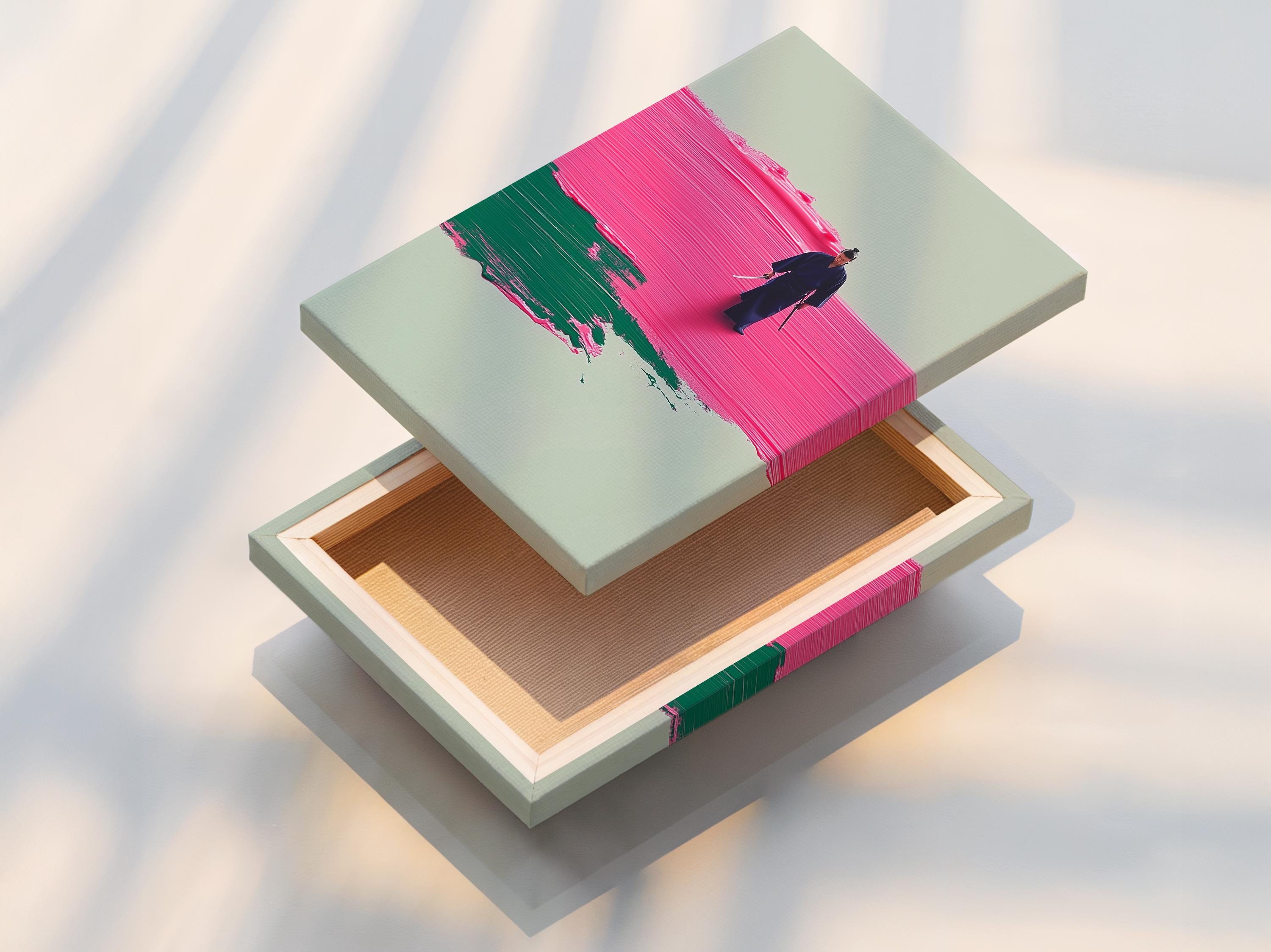 A stylised warrior figure walking across hot pink and emerald green textured bands on a pale background detail view