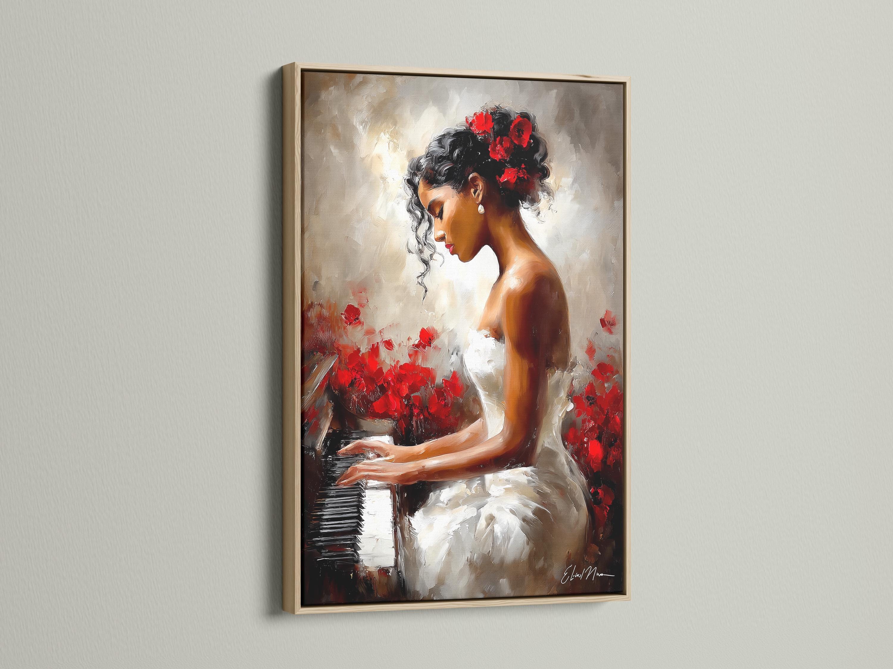 A framed artwork of a woman playing a piano with red flowers displayed in a room