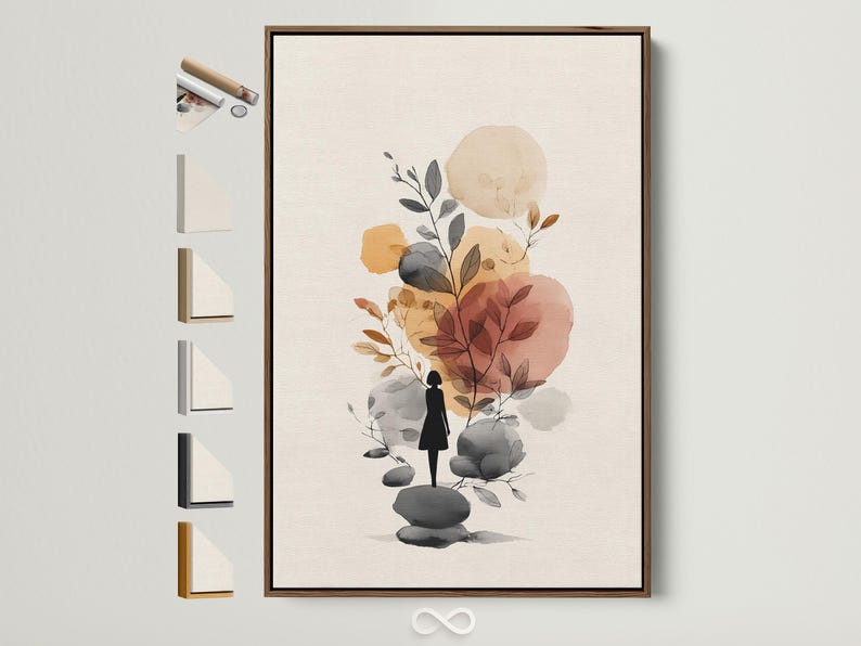 Minimalist botanical illustration with a woman silhouette, leaves, and rounded stones in neutral tones