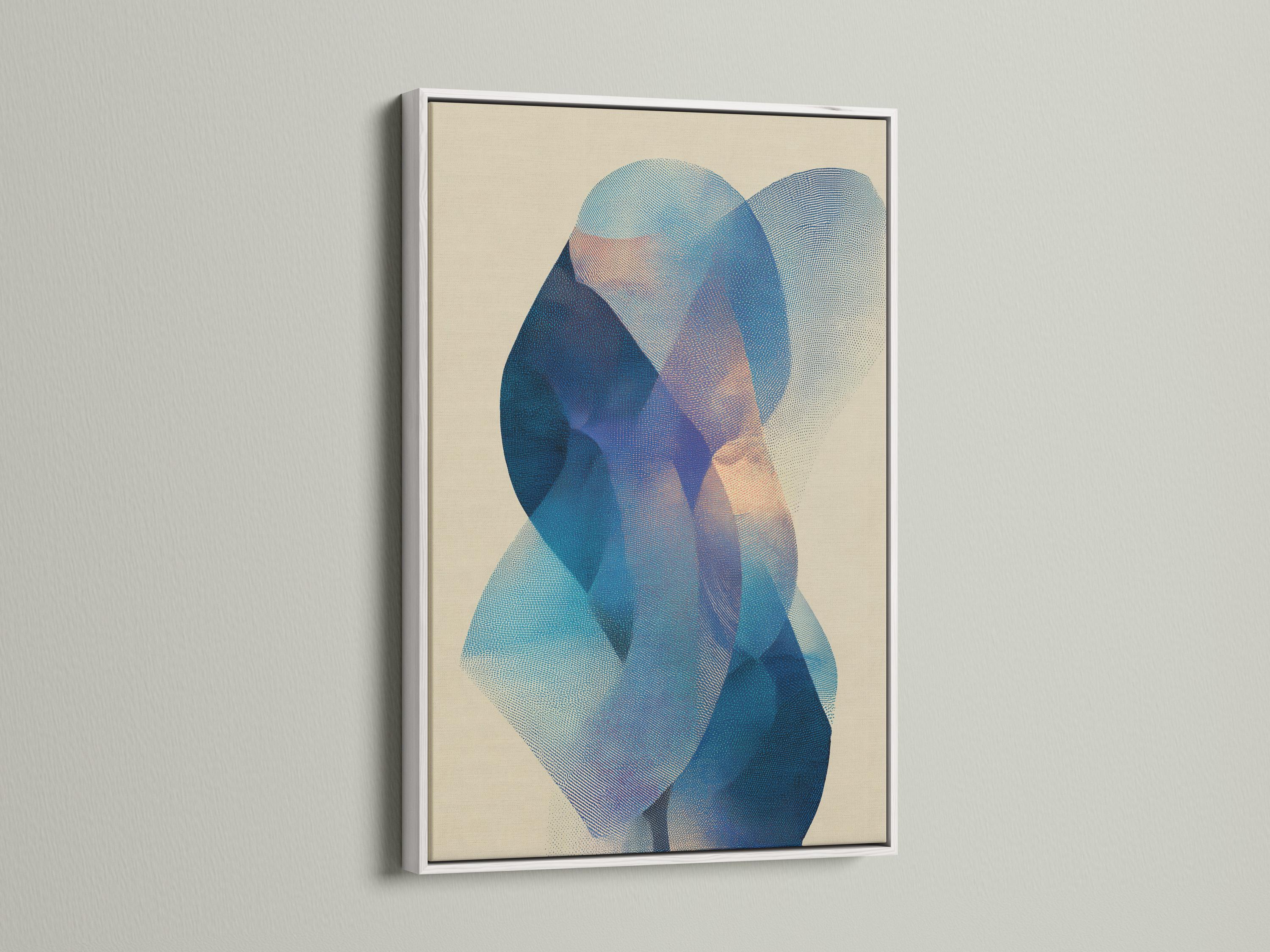 Abstract beige artwork with layered blue and teal circular shapes and a stippled texture detail view