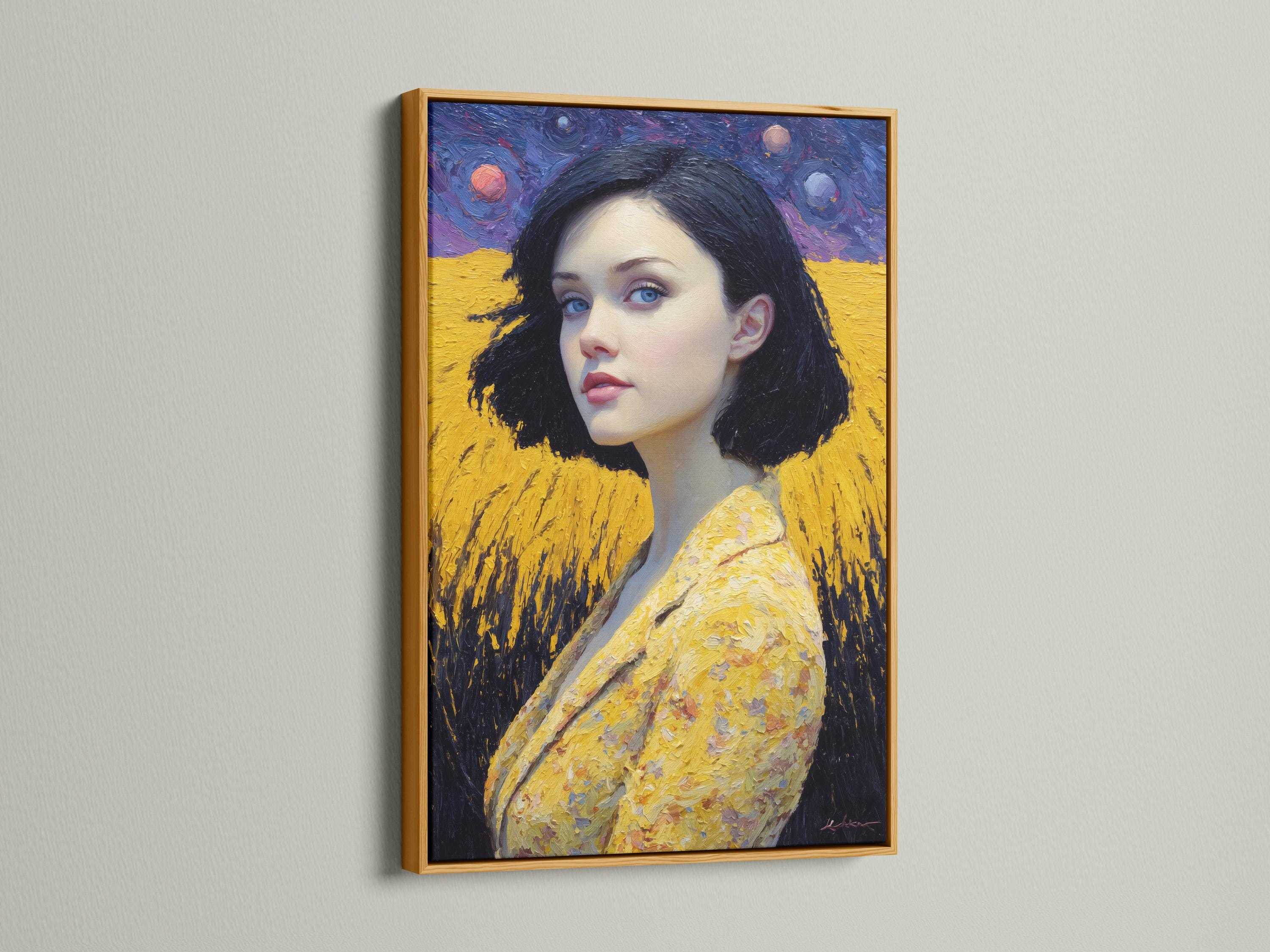 Stylised portrait of a woman with blue eyes in warm gold tones against a swirling purple starry sky detail view