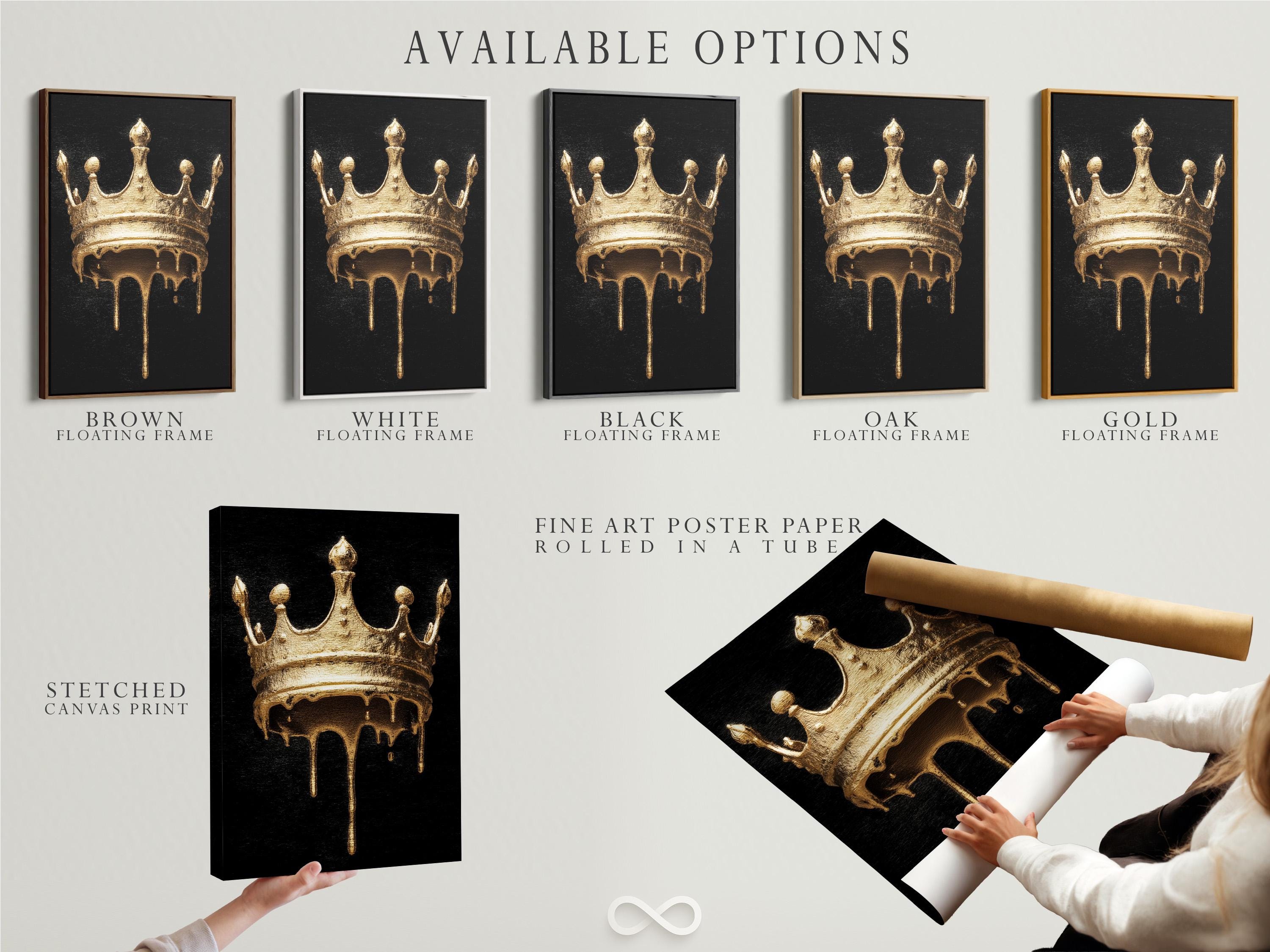Person in a clothing store viewing a black-and-gold crown artwork on a gallery wall