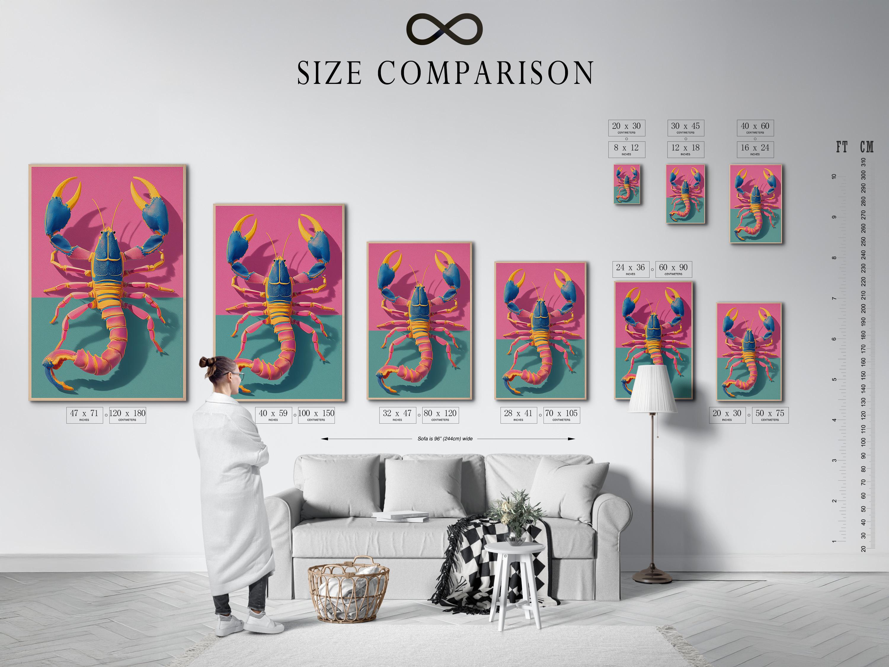 Stylised blue lobster with gold claws on a hot pink and teal sea background detail view