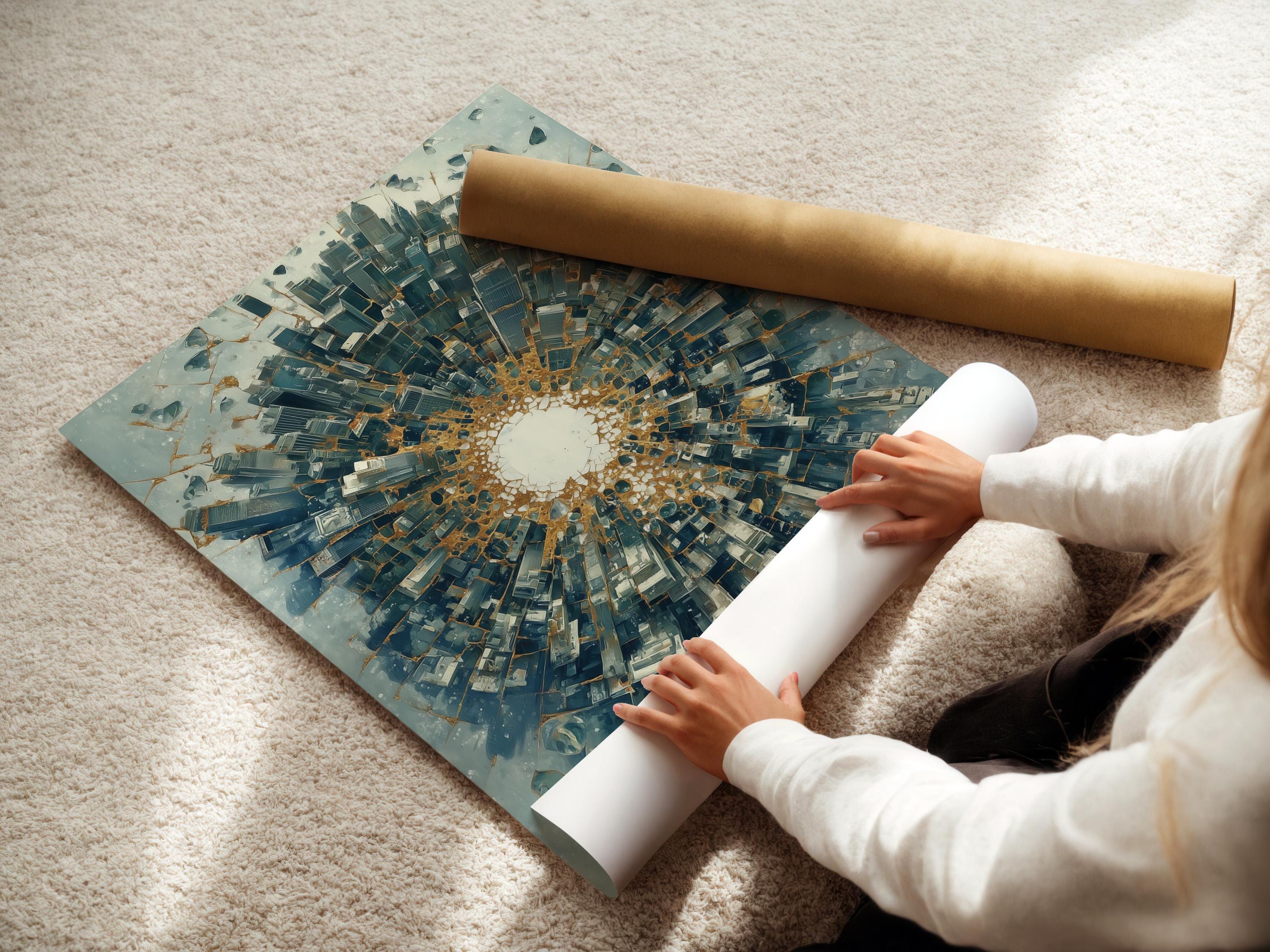 Abstract city tunnel artwork with radiating blue-grey buildings and warm gold accents detail view