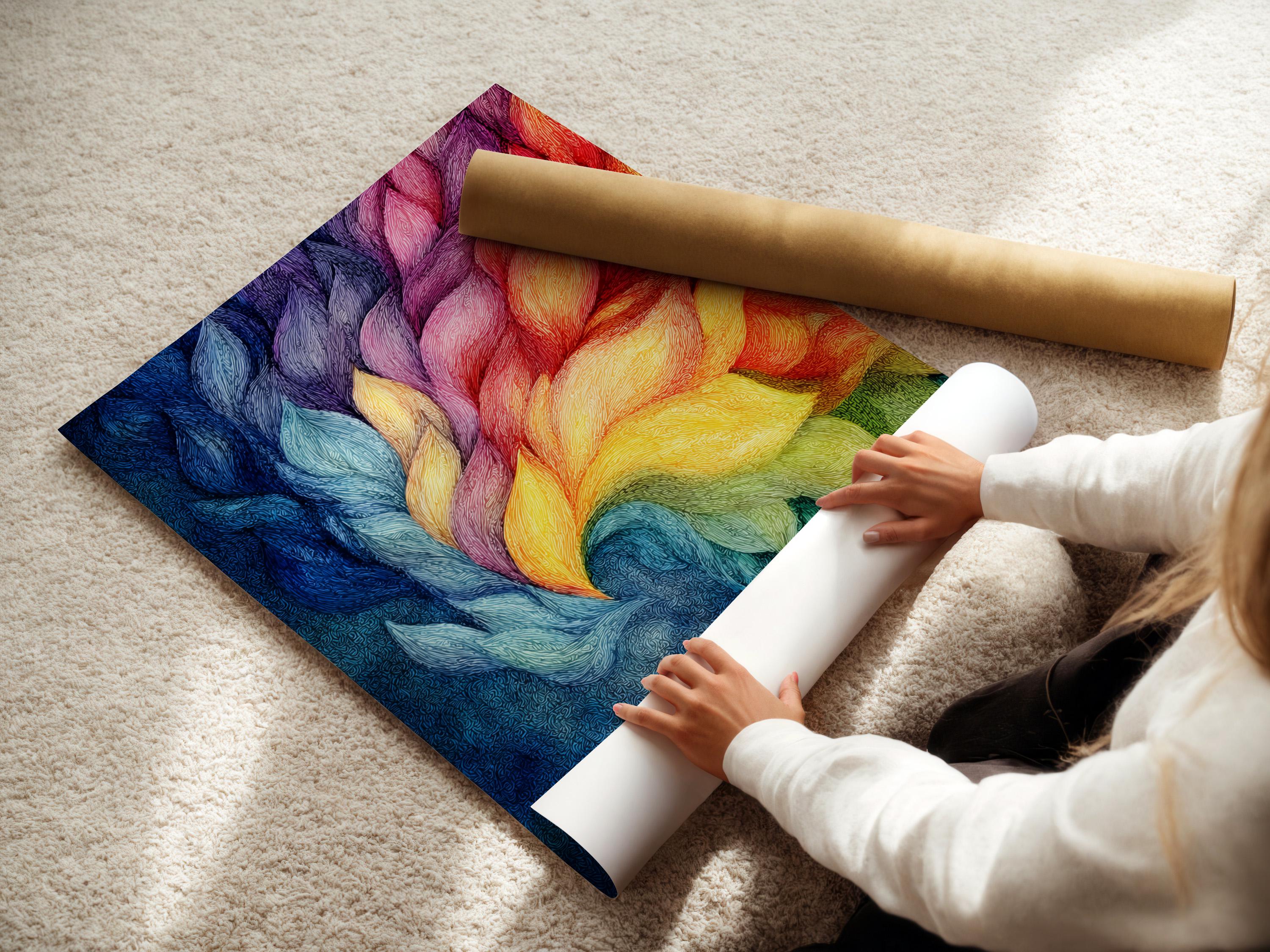 Person standing beside a framed rainbow abstract artwork in a bright room