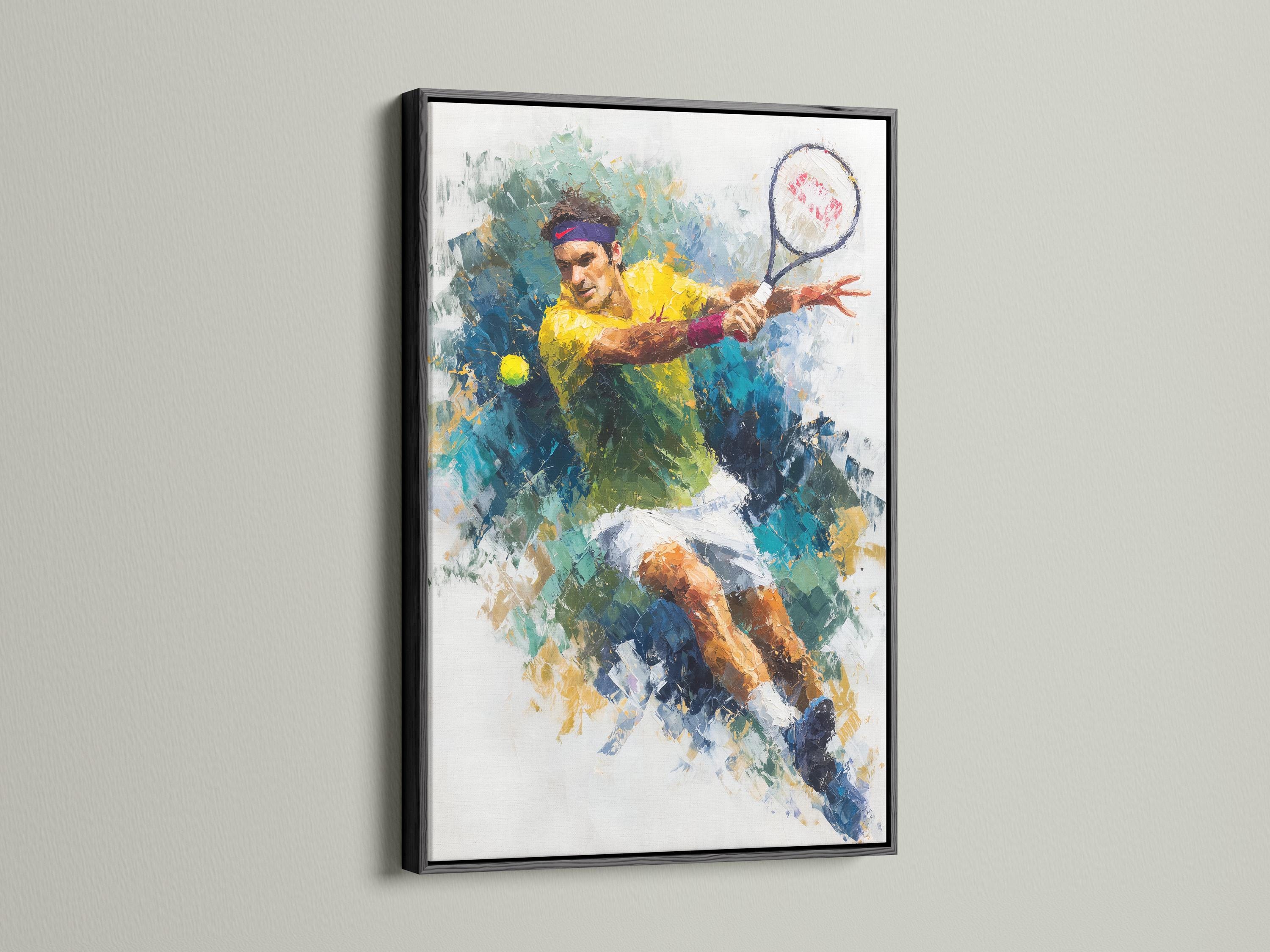 Abstract tennis player artwork in blue, teal, green and yellow with a sweeping racket arc detail view