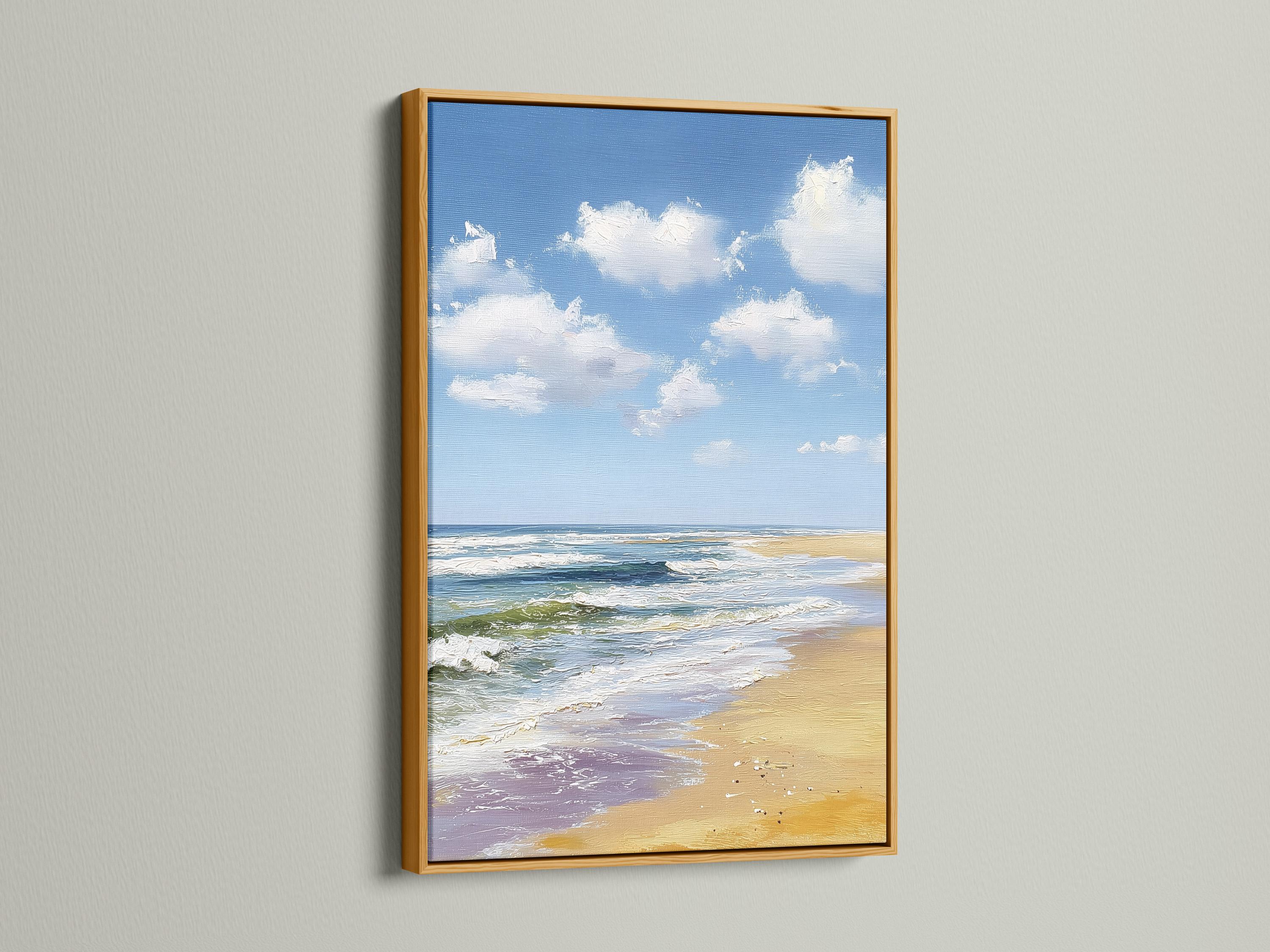 Blue ocean seascape with fluffy white clouds and foamy waves over sandy shore detail view