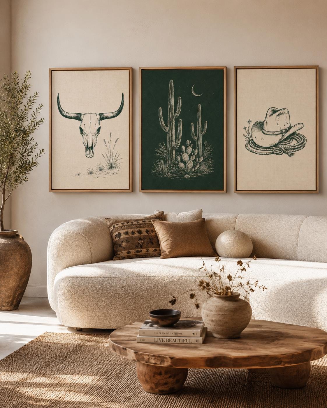 Western framed wall art set displayed above a wooden sideboard with a person standing nearby