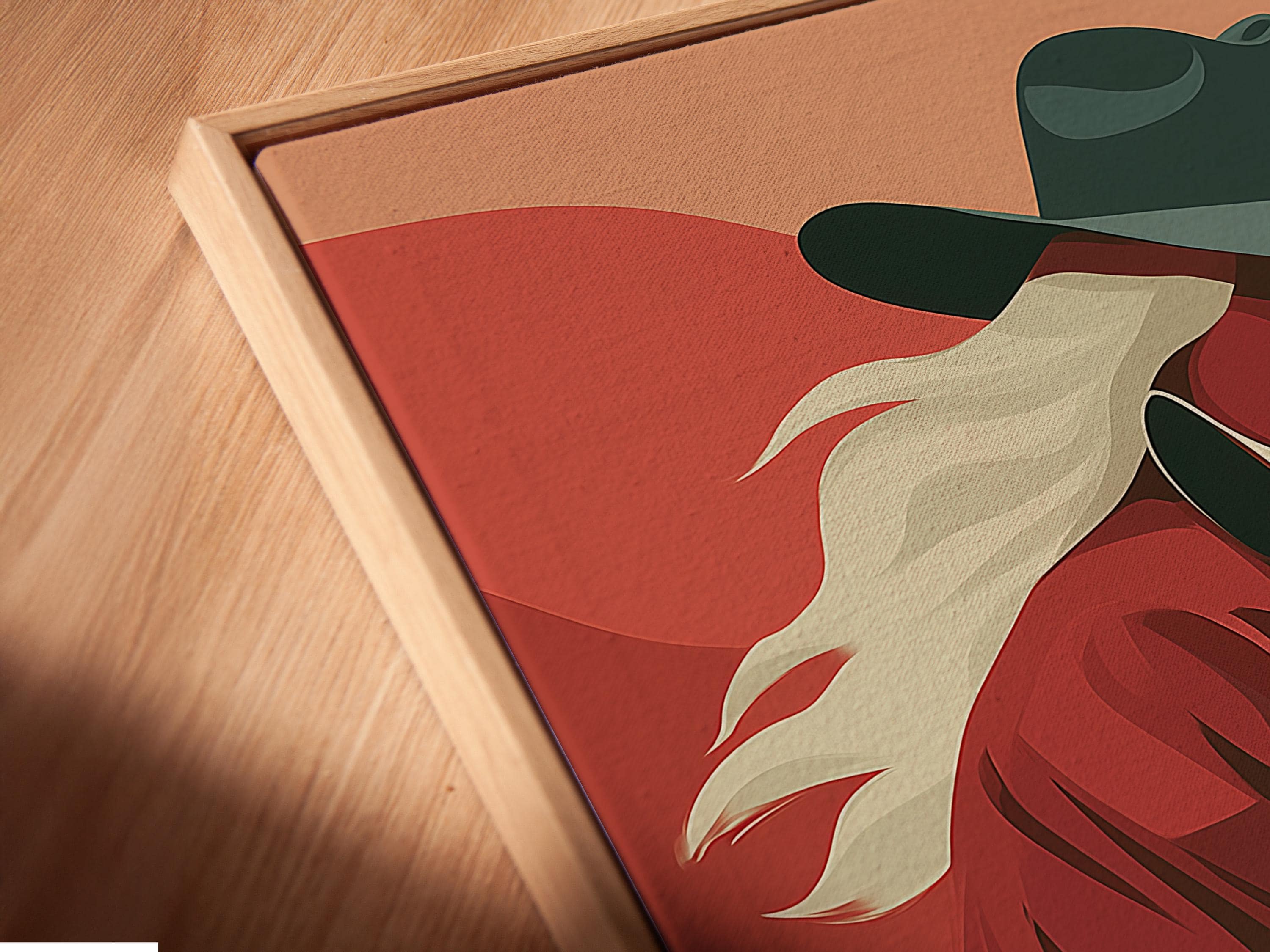 Stylised cowgirl and horse portrait with terracotta and red tones and muted teal accents detail view
