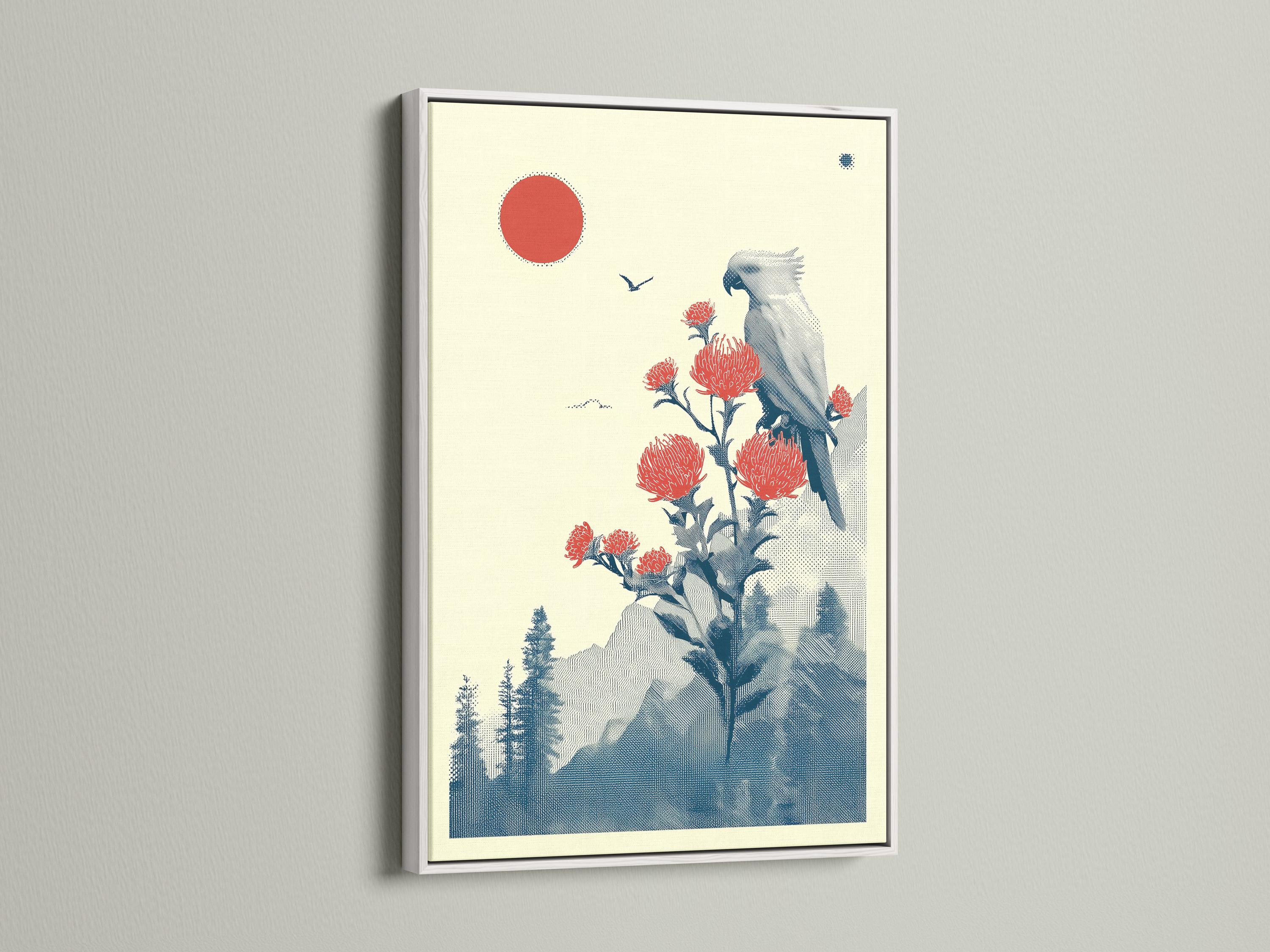 Blue bird perched on a flowering branch with red blossoms, red sun and blue landscape background detail view