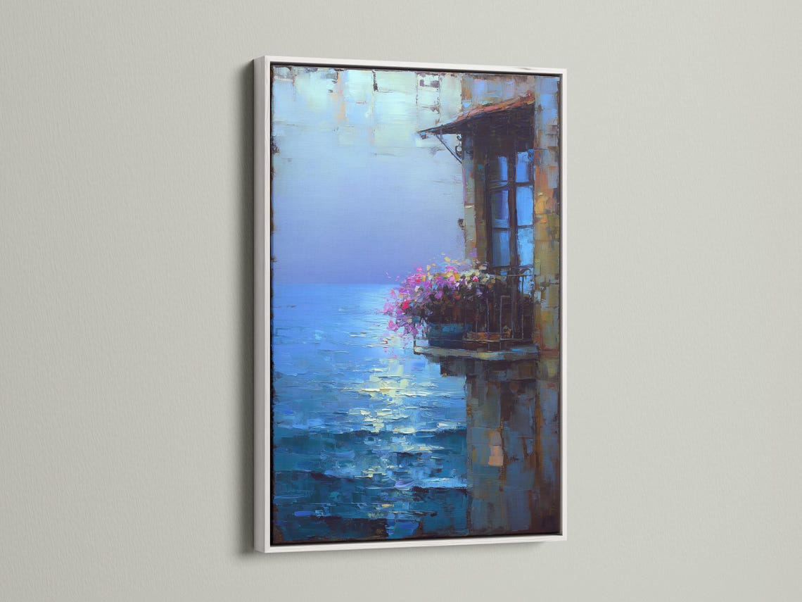 Room mockup showing a framed blue seascape artwork with pink flowers