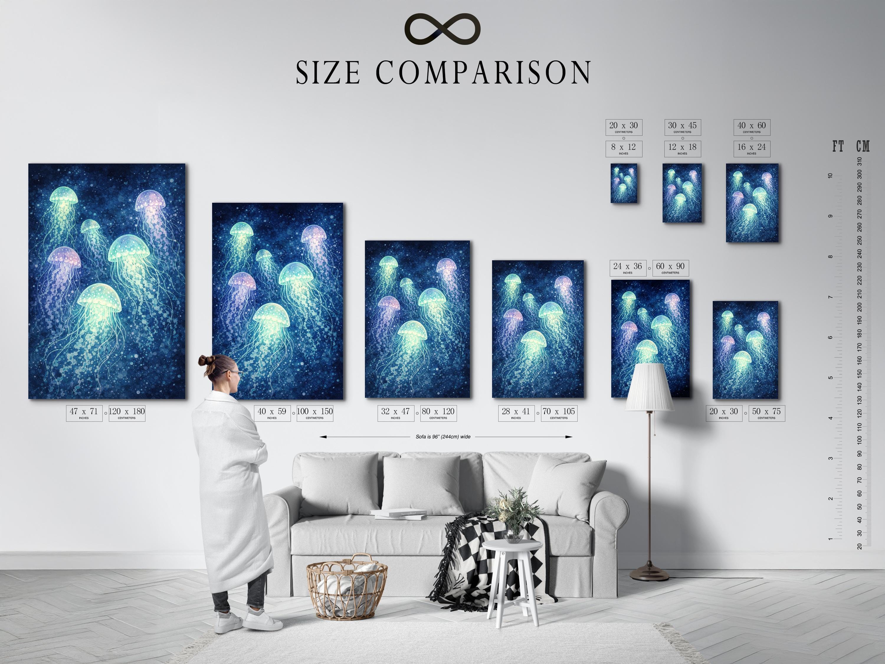 Glowing jellyfish in deep blue water with mint, aqua and lilac tones detail view