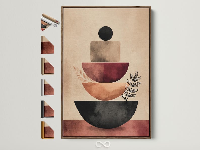 Geometric abstract artwork with stacked curved shapes in black and terracotta on a warm beige background and small leaf linework