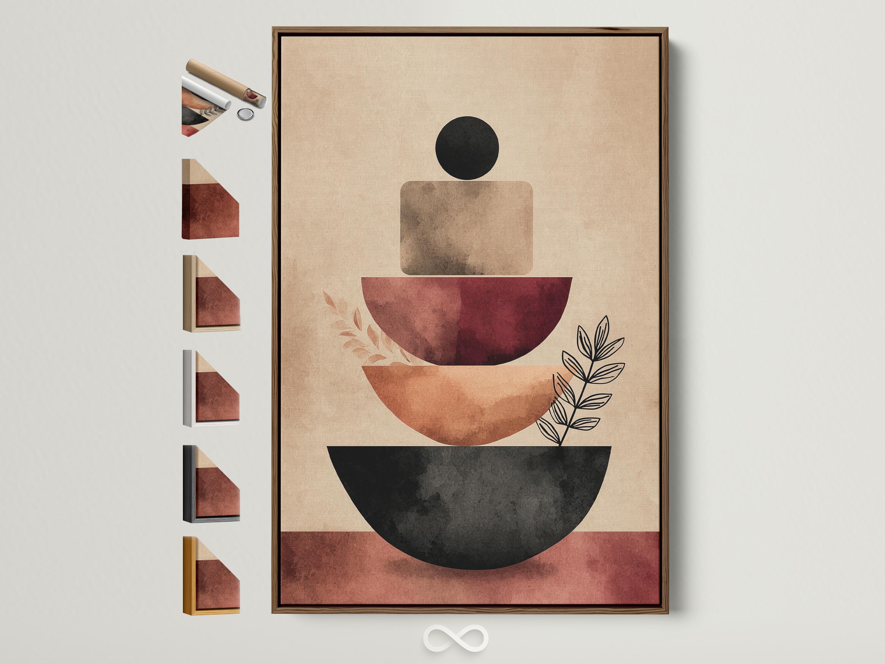 Geometric abstract artwork with stacked curved shapes in black and terracotta on a warm beige background and small leaf linework