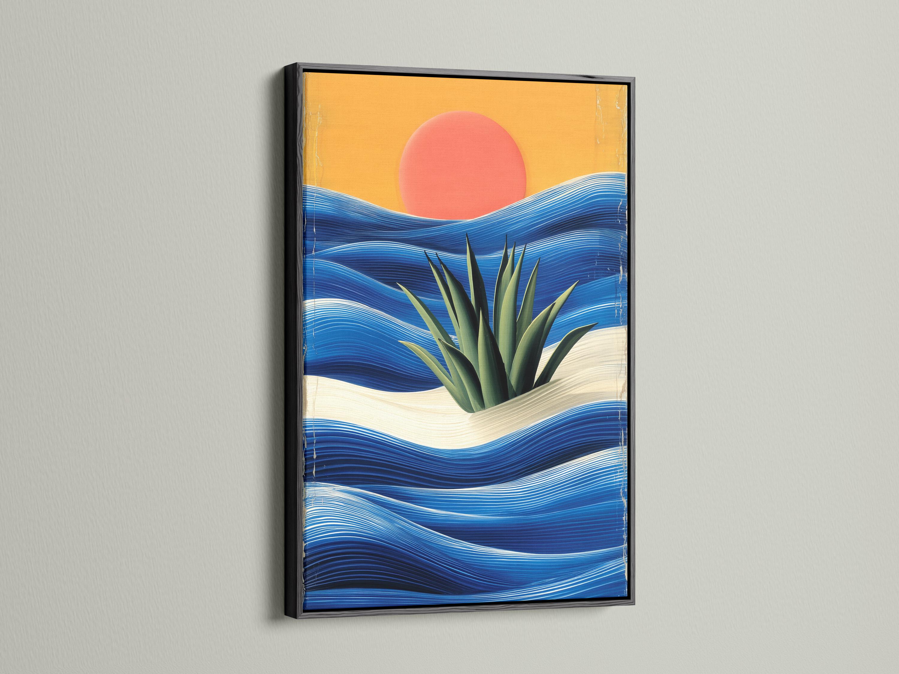 Sunset over stylised ocean waves with spiky green plants and pale sandy foreground detail view