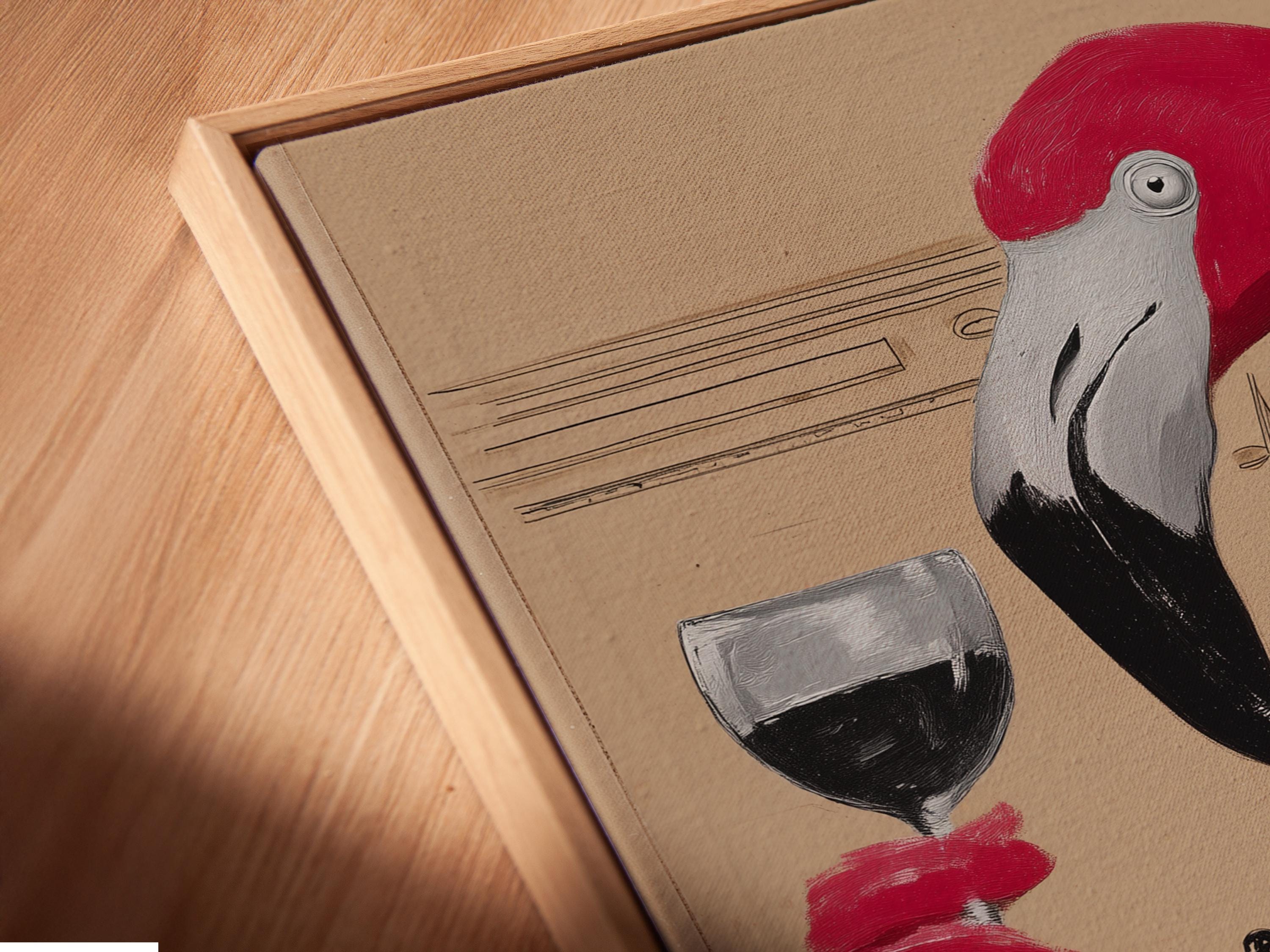 A pink flamingo in a beige bar scene with a wine glass and shelves of bottles detail view
