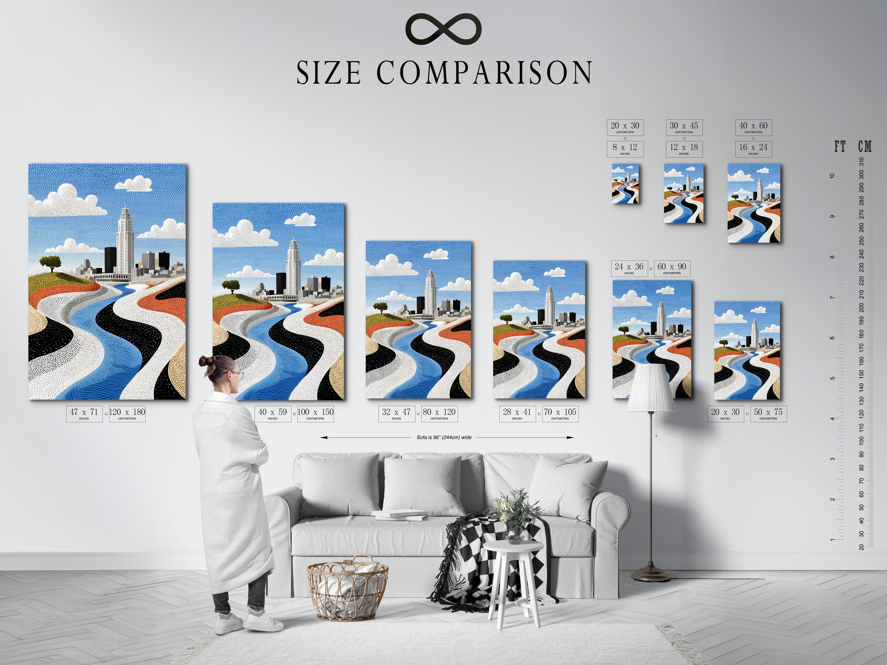 Room mockup showing a framed cityscape artwork with a blue river and skyline