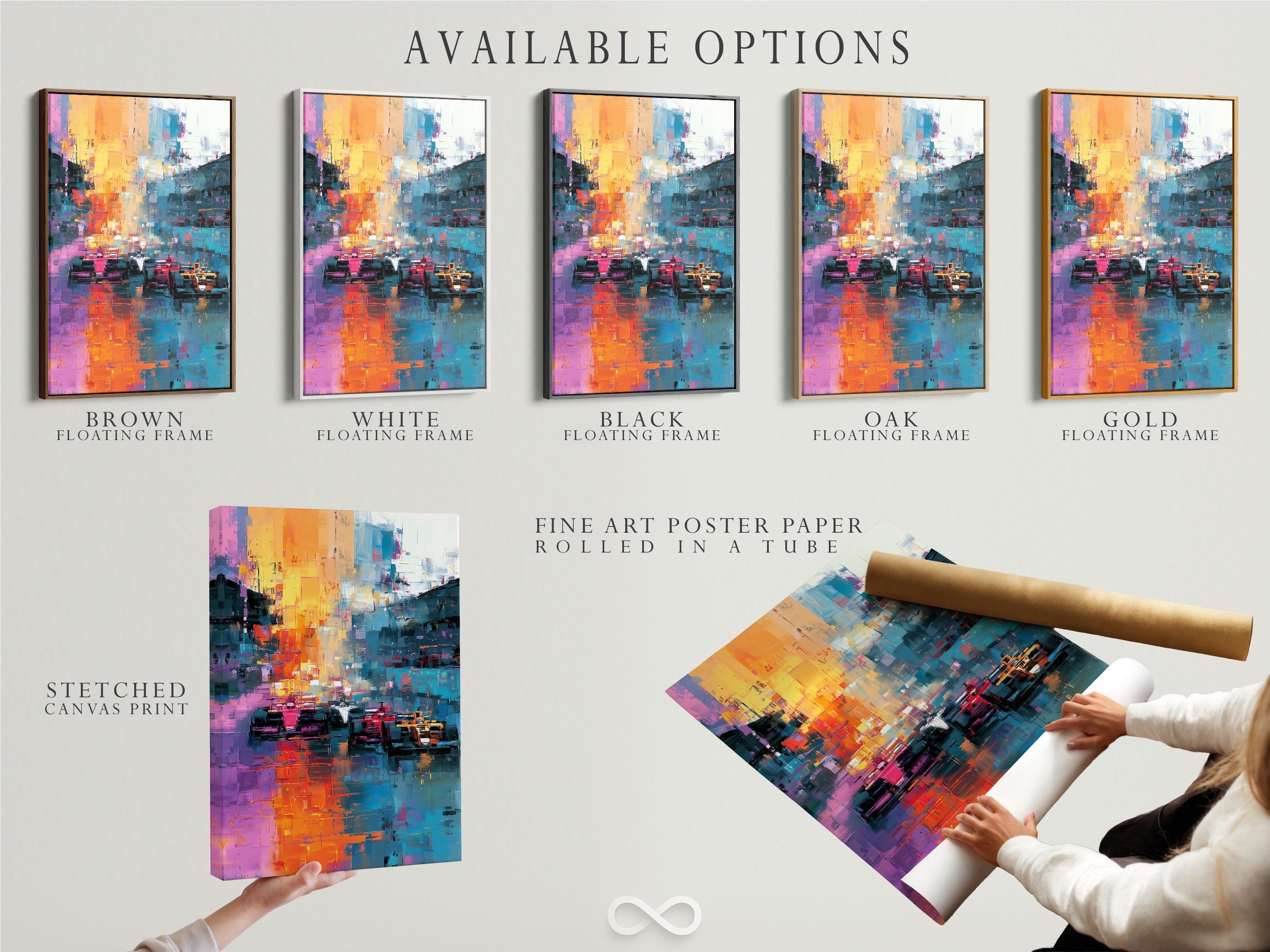 Room mockup with a large framed abstract cityscape artwork above a seating area