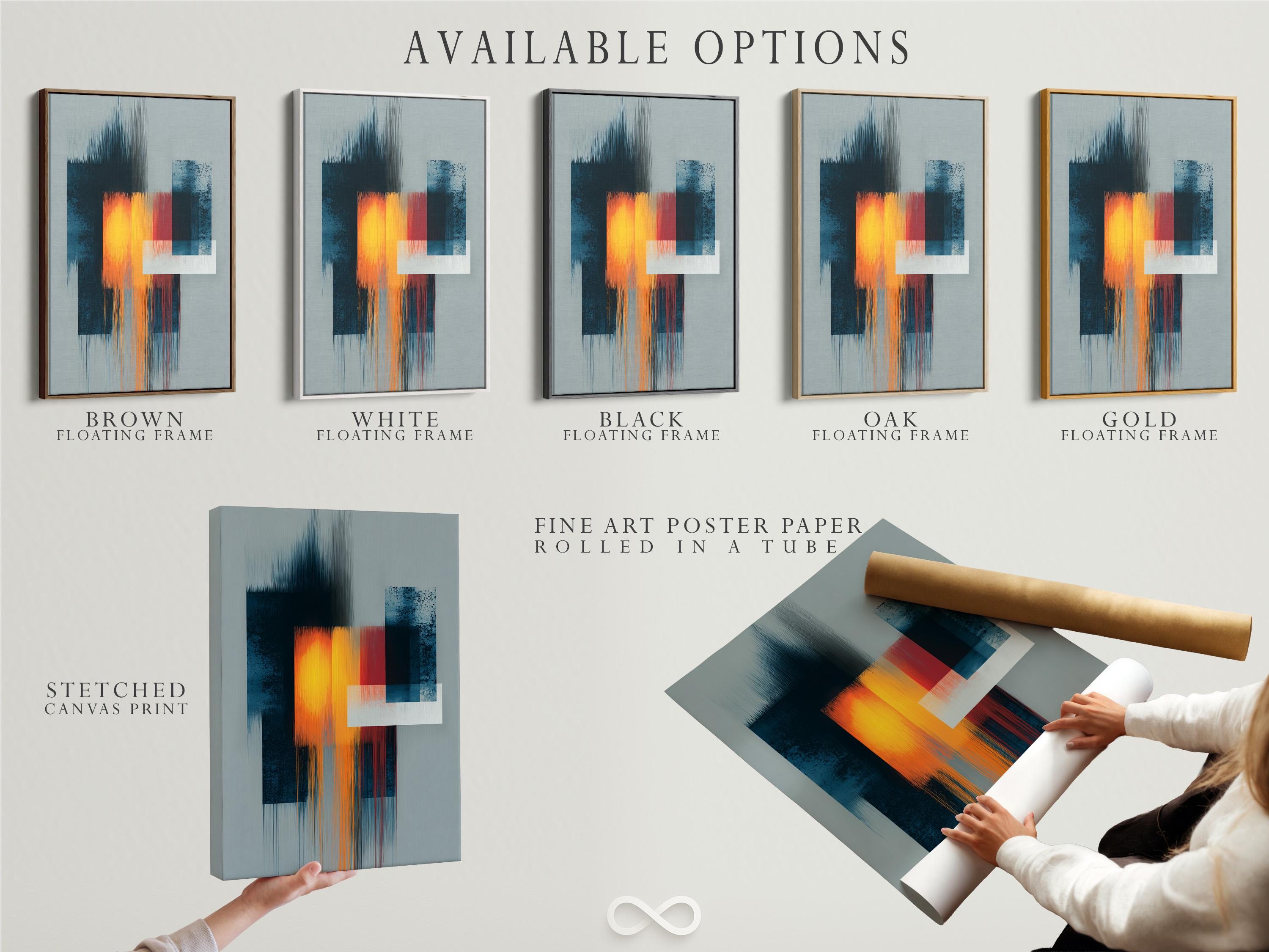 Geometric abstract artwork with teal and grey blocks and a glowing orange-yellow square detail view