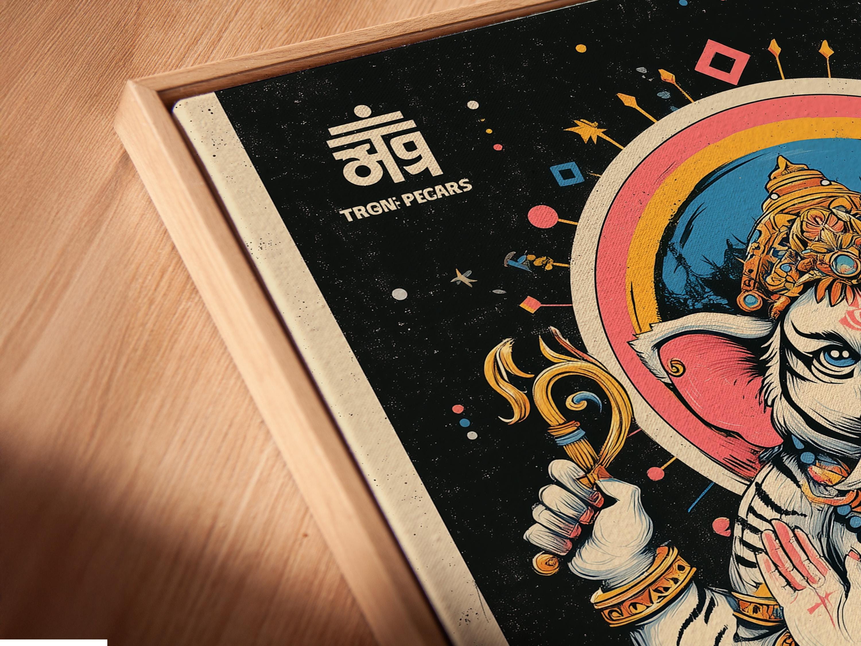 Colourful elephant-headed deity seated above a pink lotus on a dark starry background detail view
