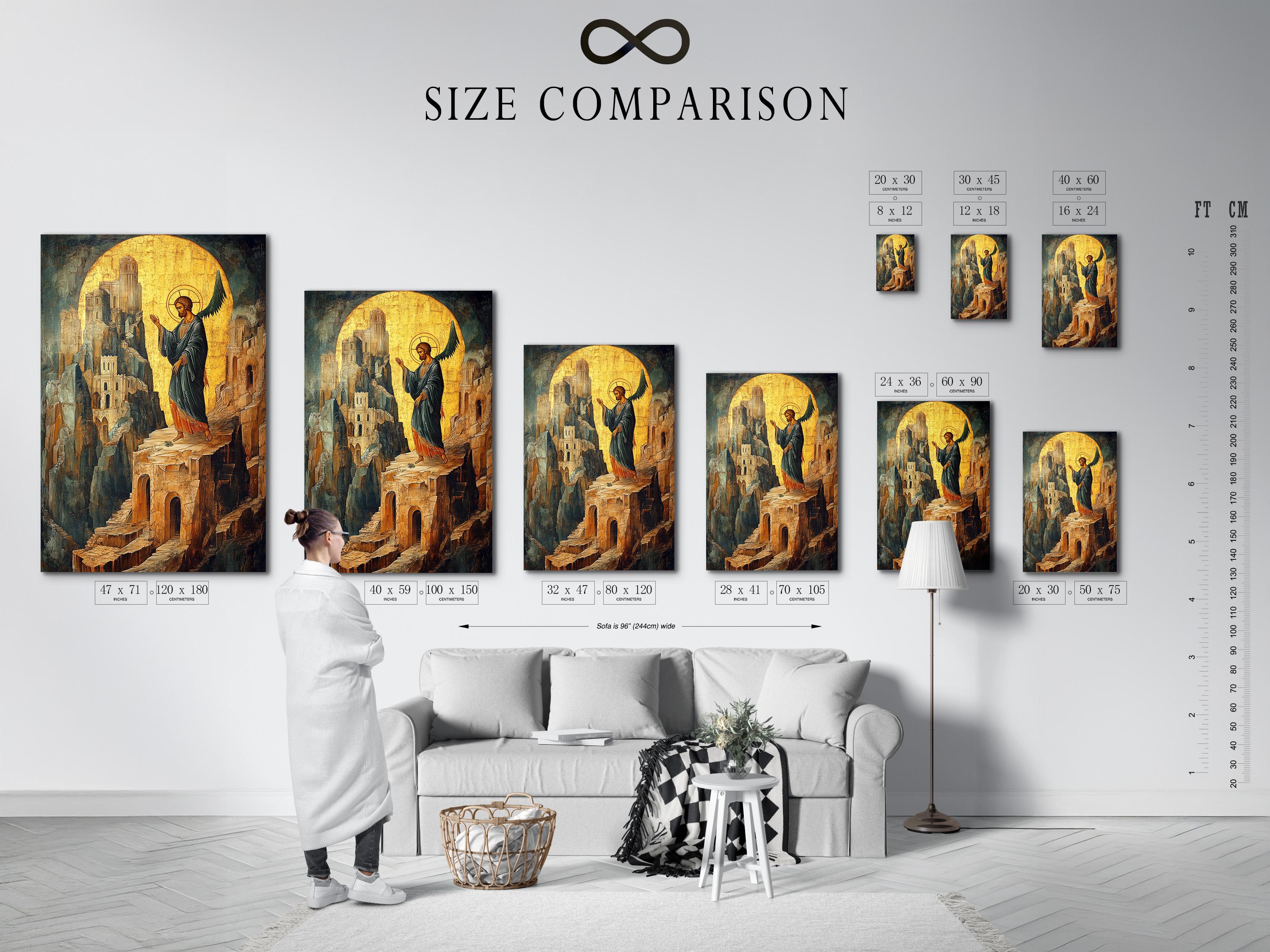 Stylised angel icon with a golden halo standing over a stone cityscape detail view