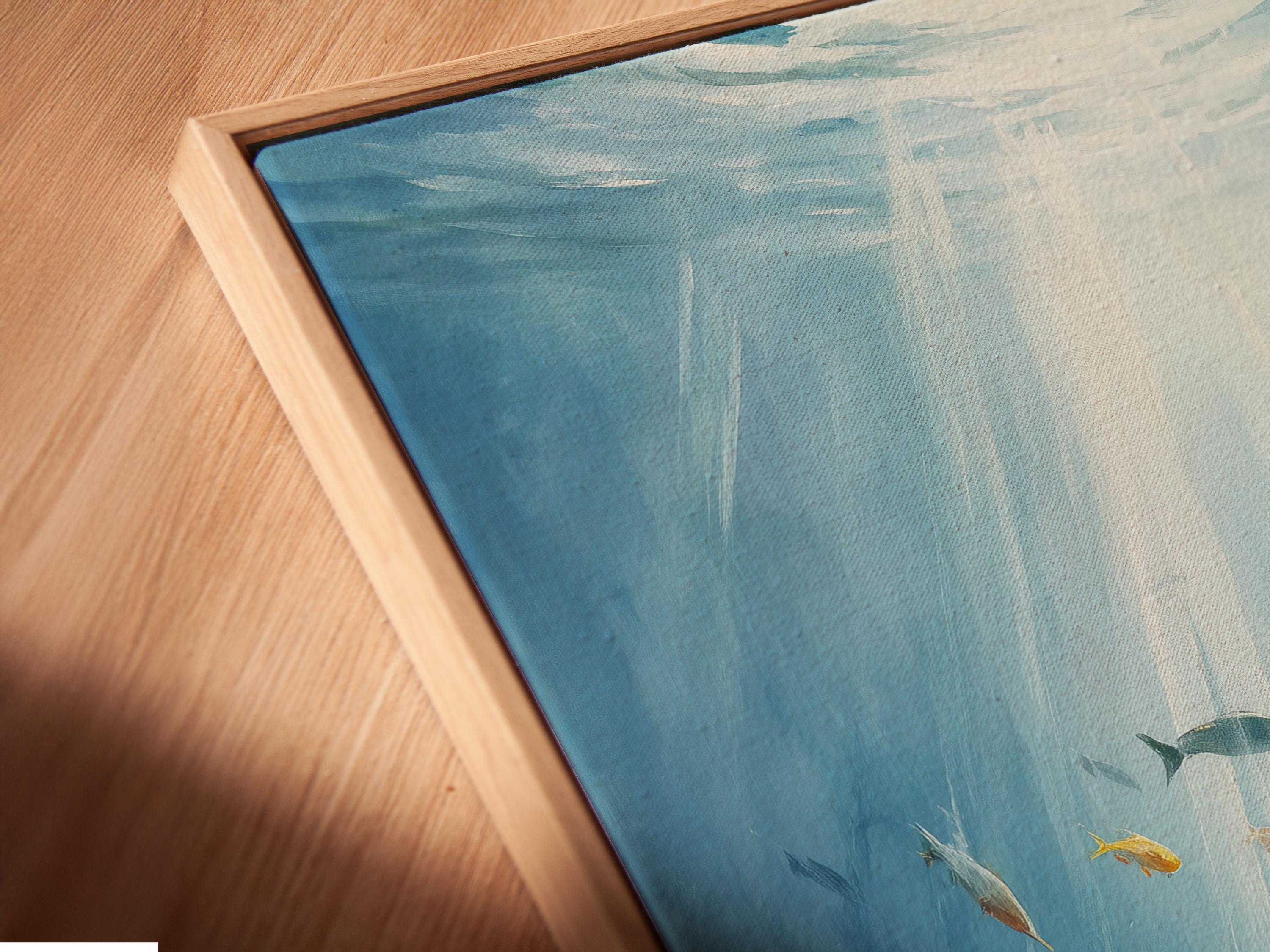 Bathroom wall mockup showing framed underwater fish artwork in aqua and blue