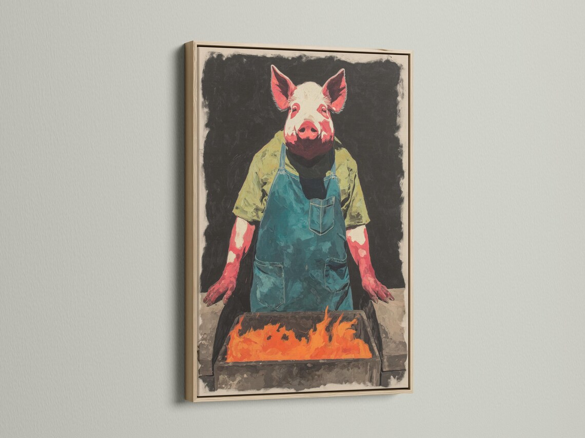 Pig chef illustration with a teal apron behind a grill, flames in front detail view