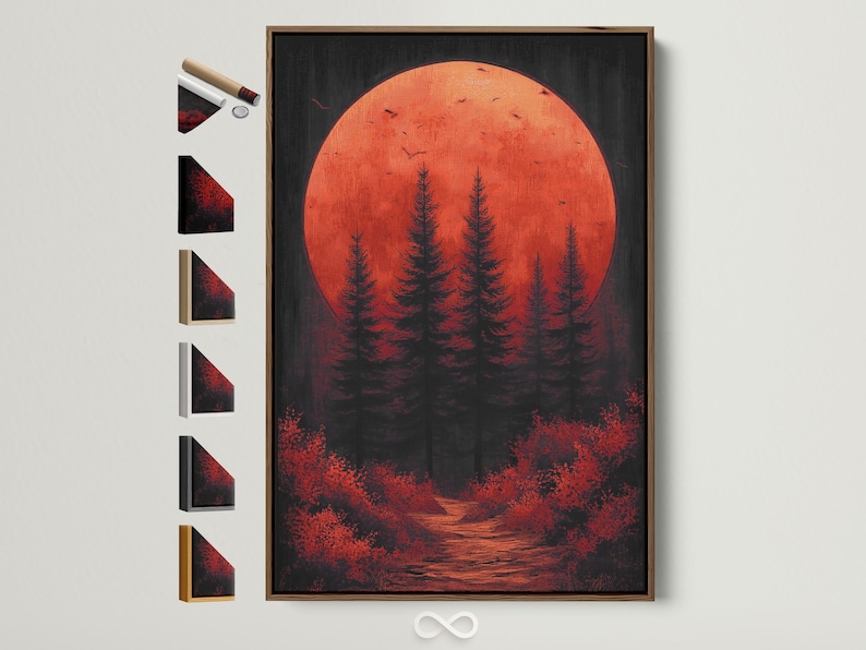 Crimson moon over dark pine forest with bird silhouettes and a winding path