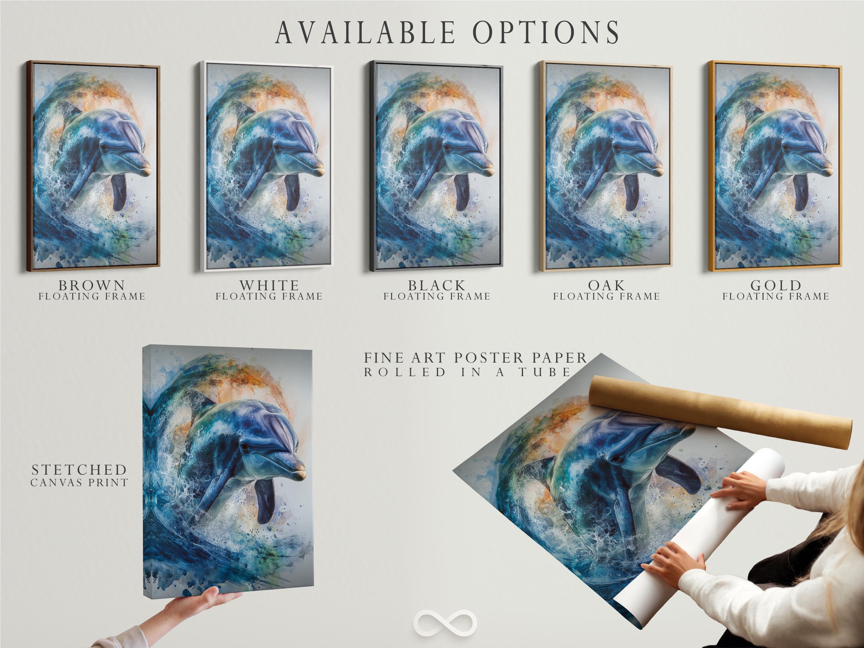Mockup of blue dolphin ocean artwork shown in a framed layout
