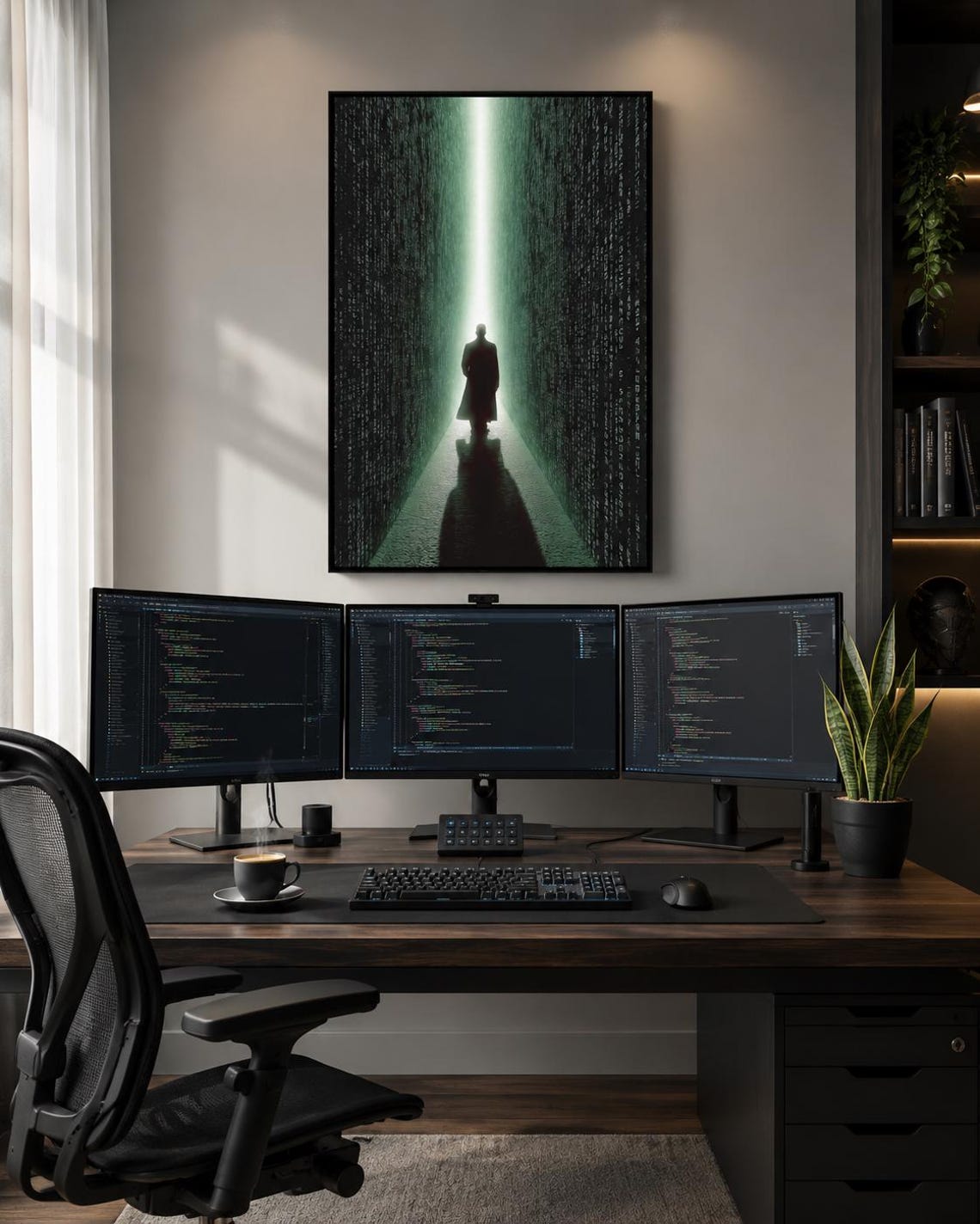 Room scene showing neon green cyberpunk corridor artwork with code-like characters