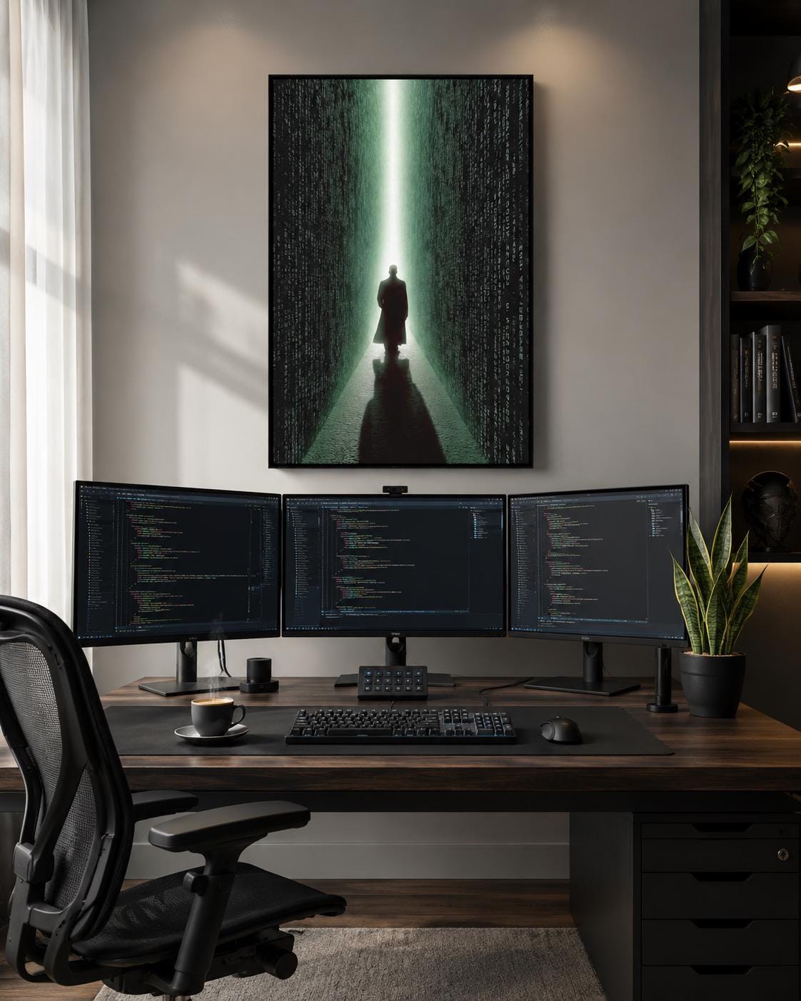 Room scene showing neon green cyberpunk corridor artwork with code-like characters