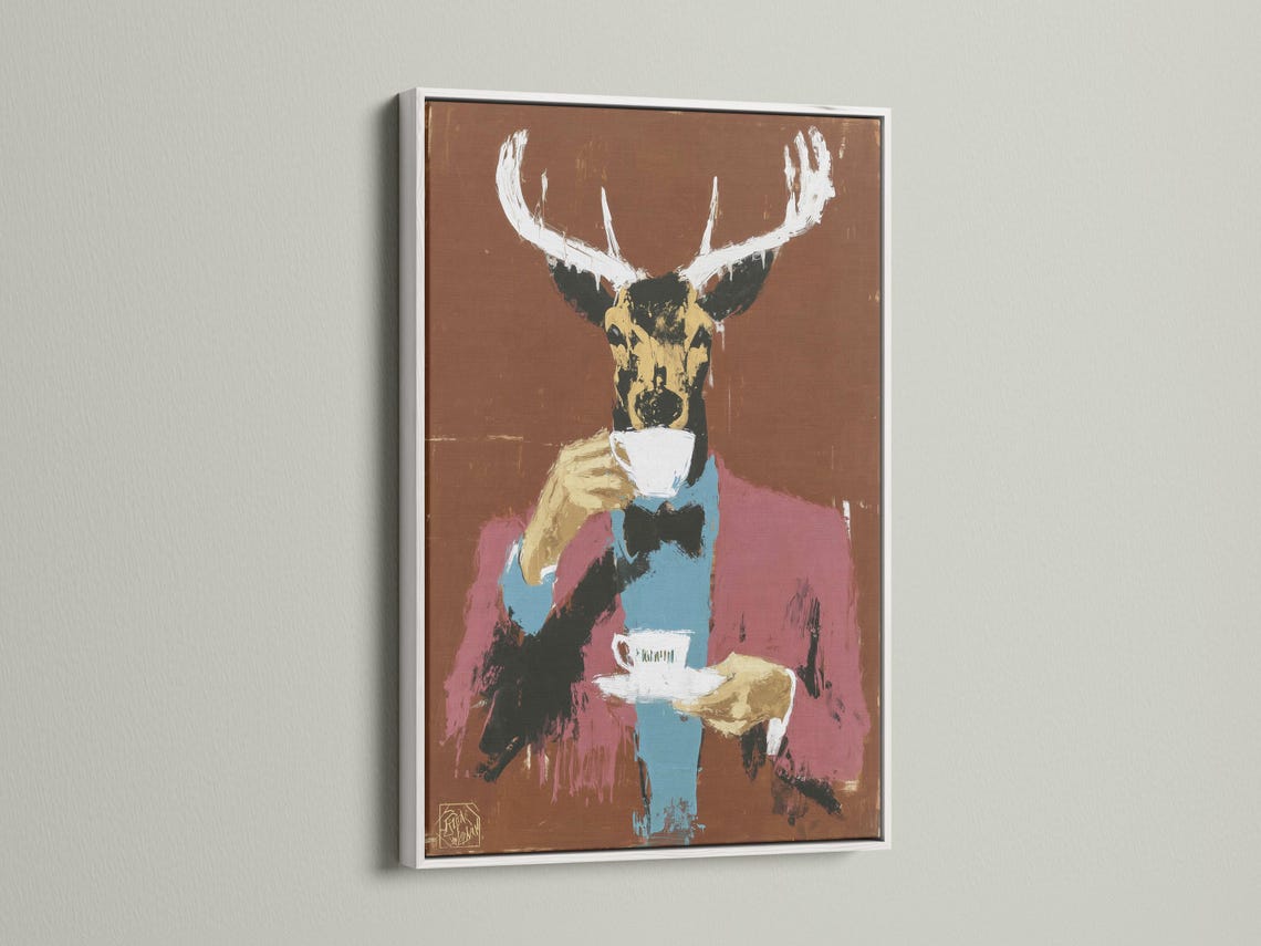 Stylised deer portrait with large antlers and a cup, in warm brown with teal and pink accents detail view