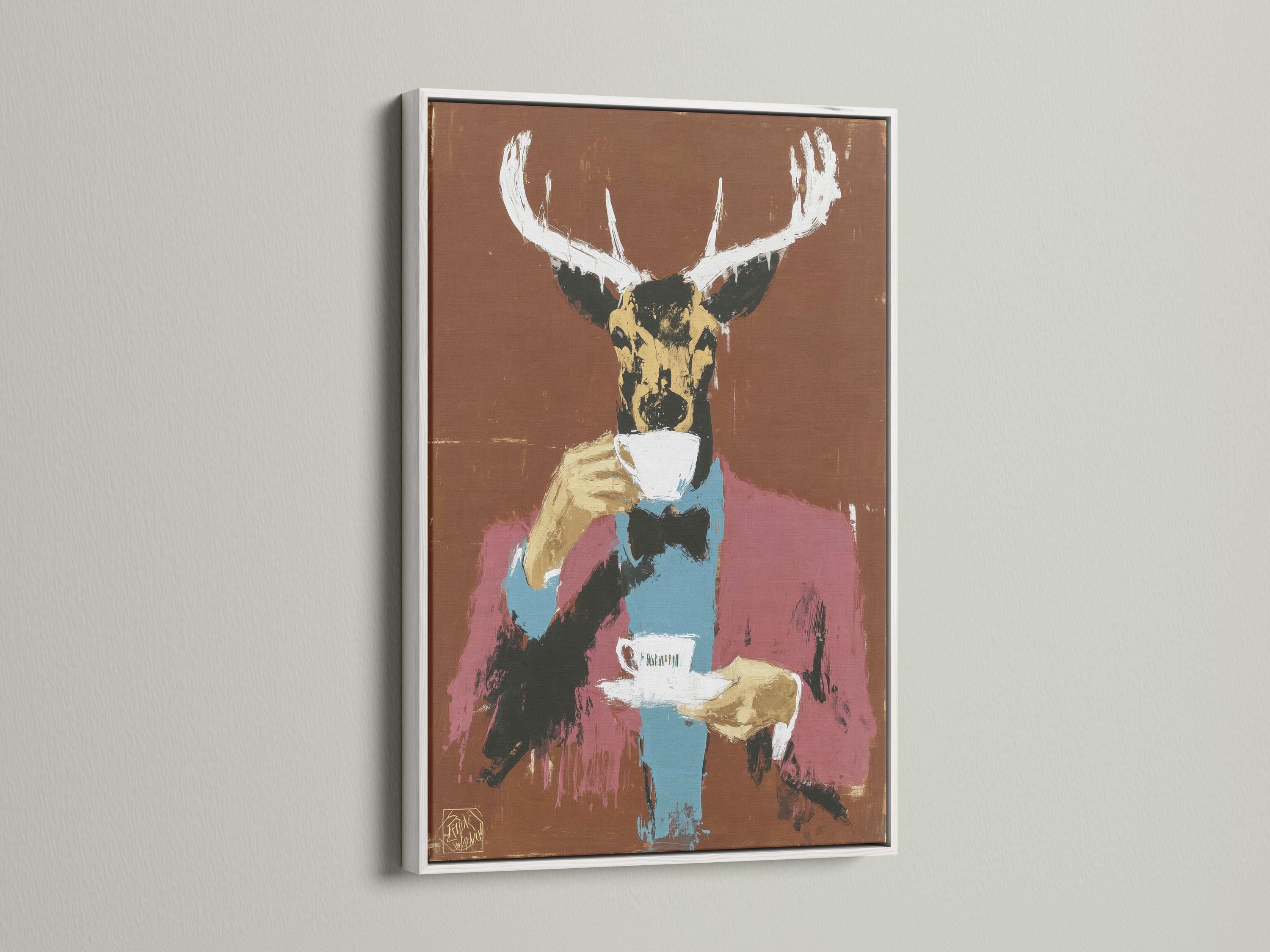 Stylised deer portrait with large antlers and a cup, in warm brown with teal and pink accents detail view