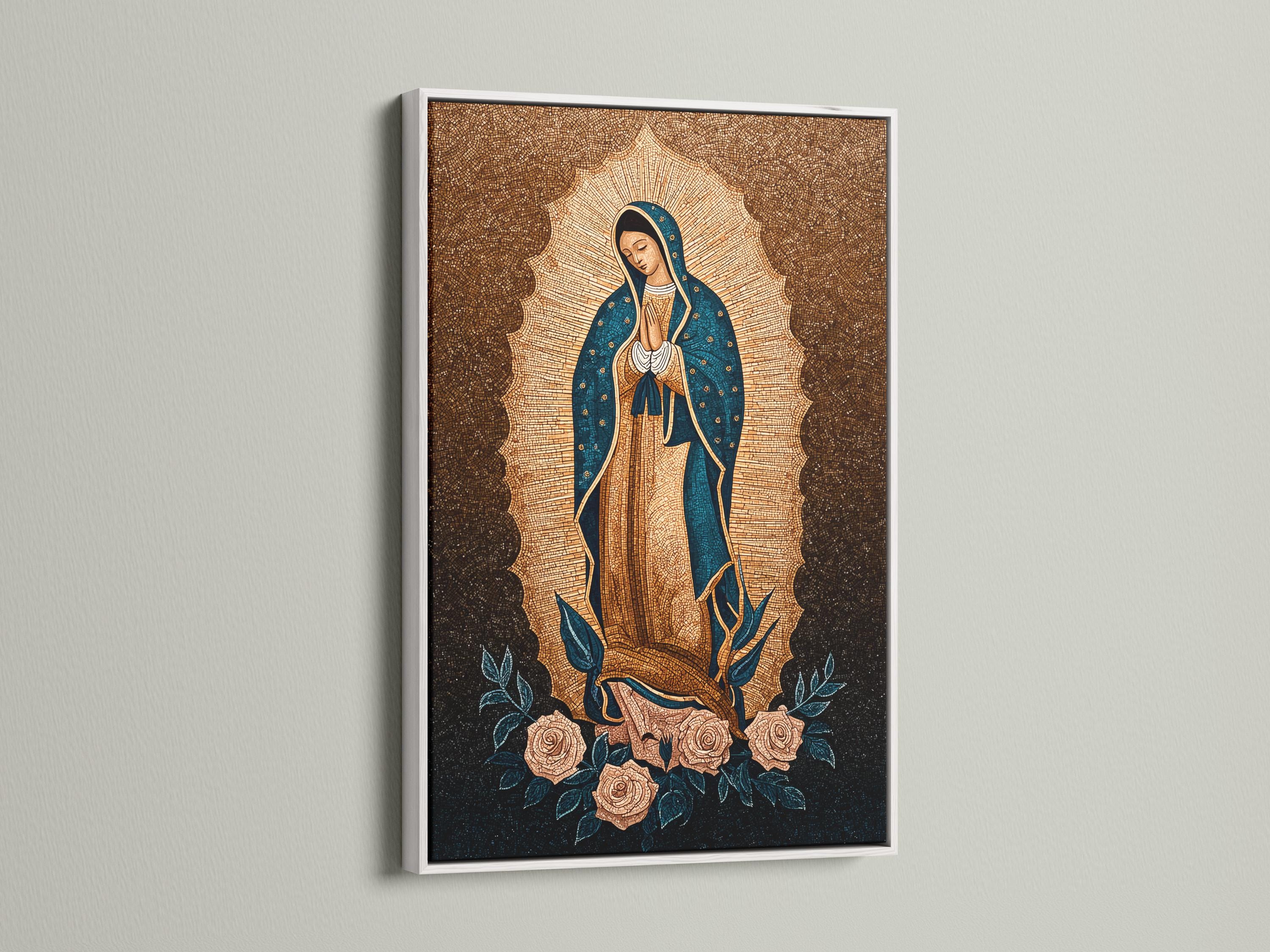Woman praying beside a framed Virgin Mary portrait on a wall above a table with candles and flowers