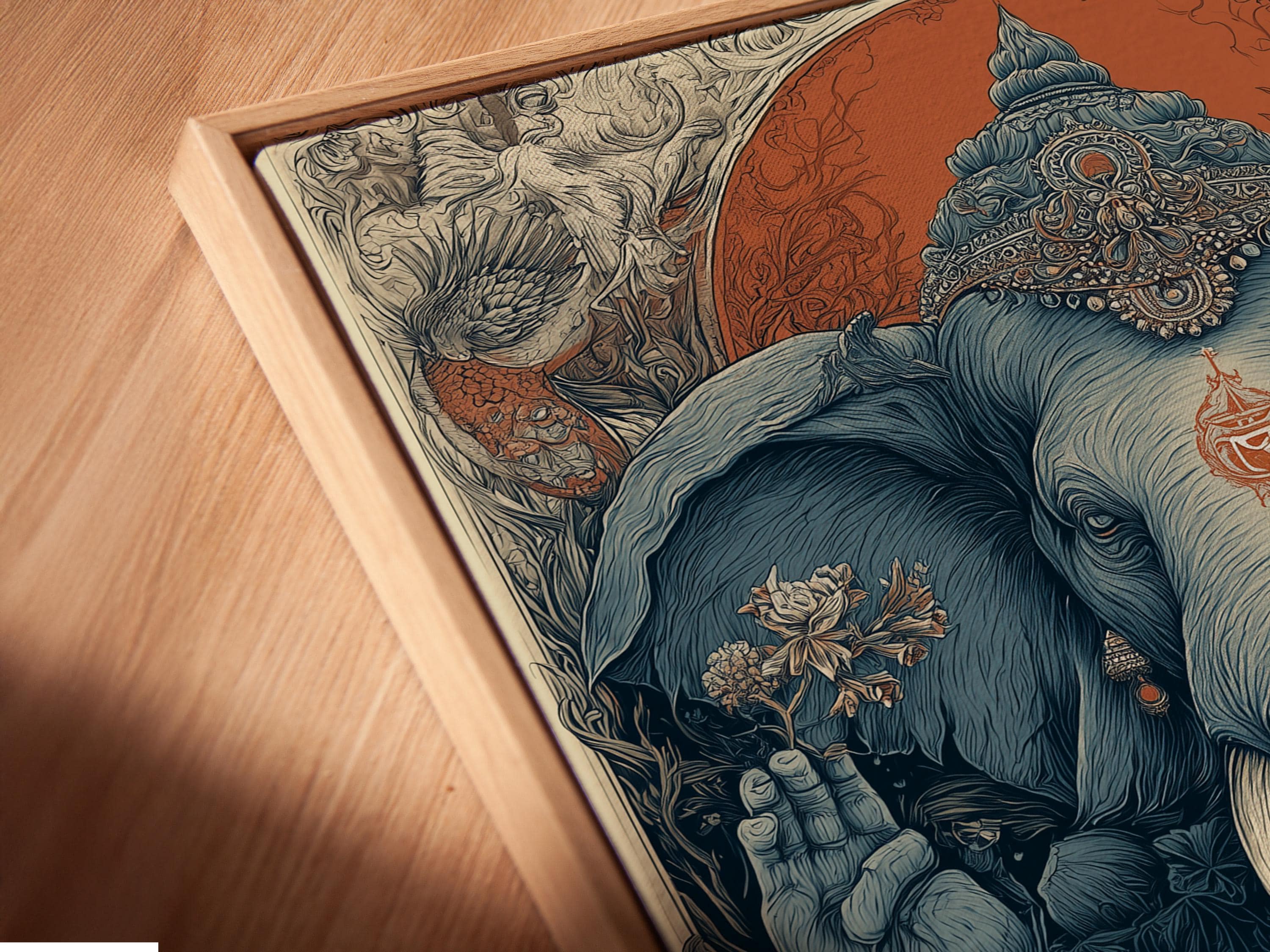 Ornate spiritual animal illustration of a blue elephant with an om symbol, fox and wolf in a forest scene detail view