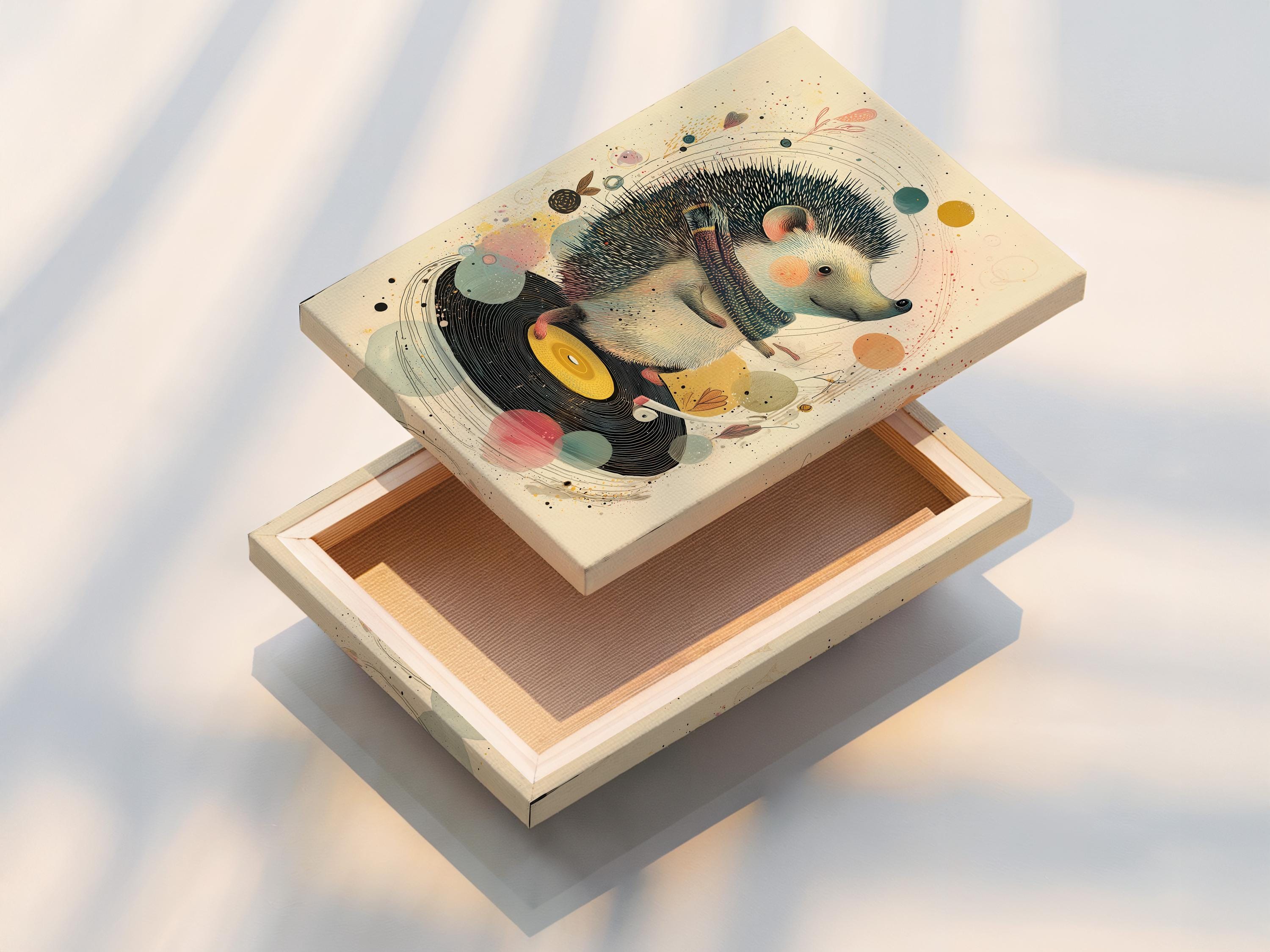 Illustrated hedgehog facing right over a vinyl record with music-themed speckles detail view