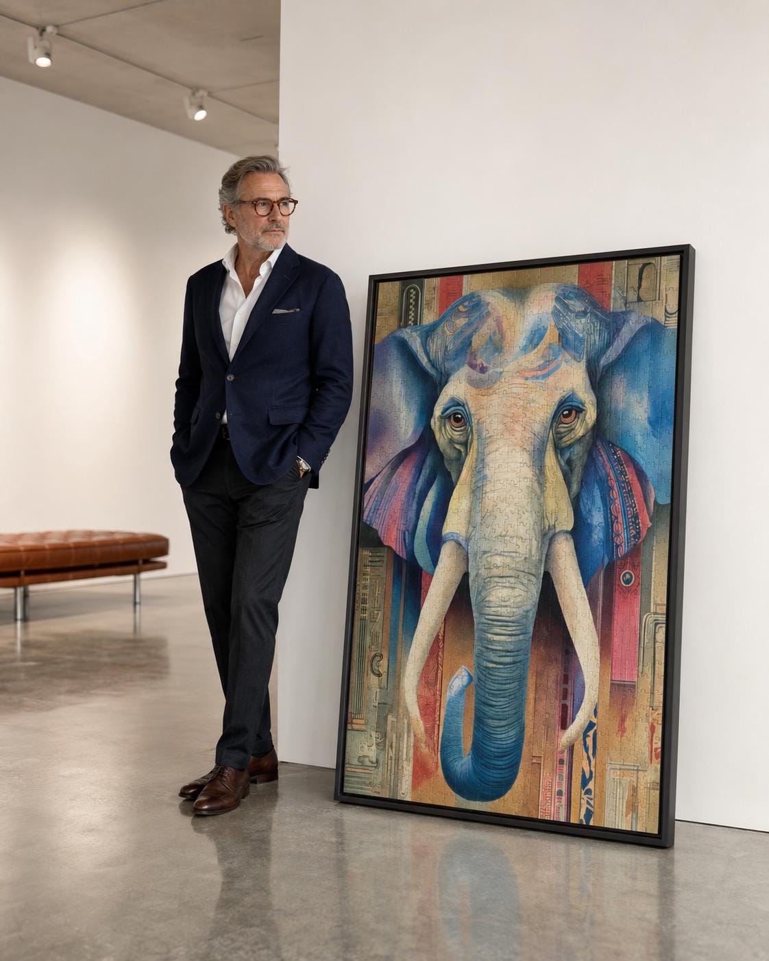 A stylised blue elephant portrait with patterned, map-like details sits centre-stage within a colourful, vintage-inspired background detail view
